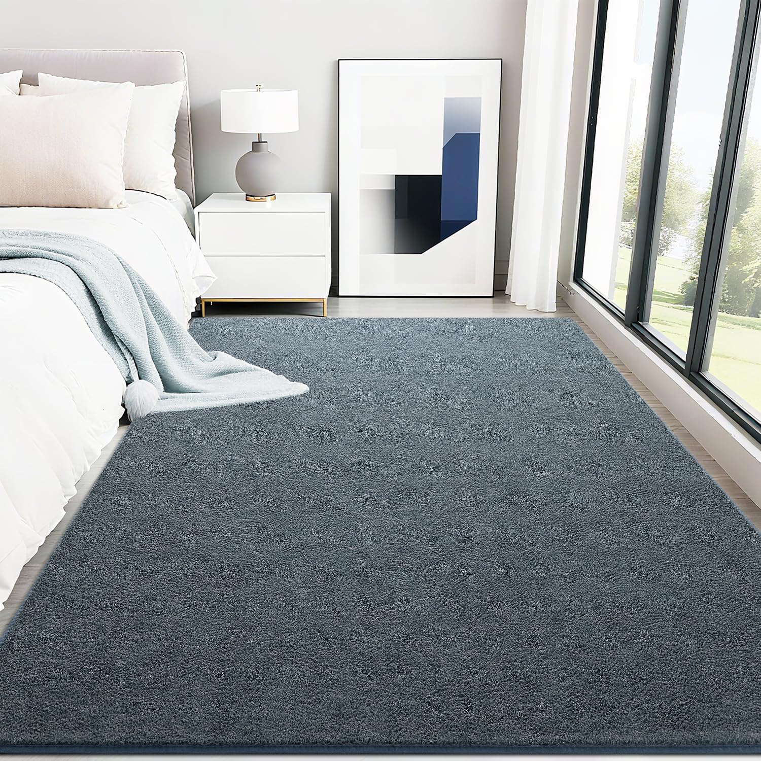 HQAYW 5x7 Living Room Area Rugs, Washable Soft Modern Bedroom Rug Indoor Non Slip Low Pile Area Rug, Thick Memory Foam Carpets for Kids Girls Boys Bedroom Nursery Dorm Room Decor, Blue Grey
