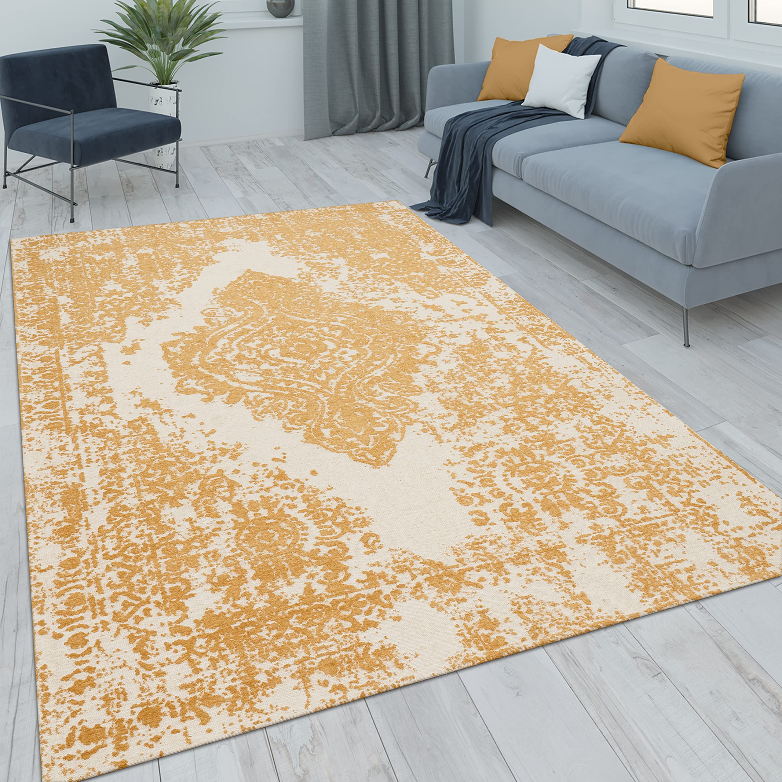 Paco Home Teppich Wohnzimmer Schlafzimmer Kurzflor Vintage Orientalisches Abstraktes Muster Ornamente Moderne Deko, Grösse:120x170 cm, Farbe:Weiß-Gelb