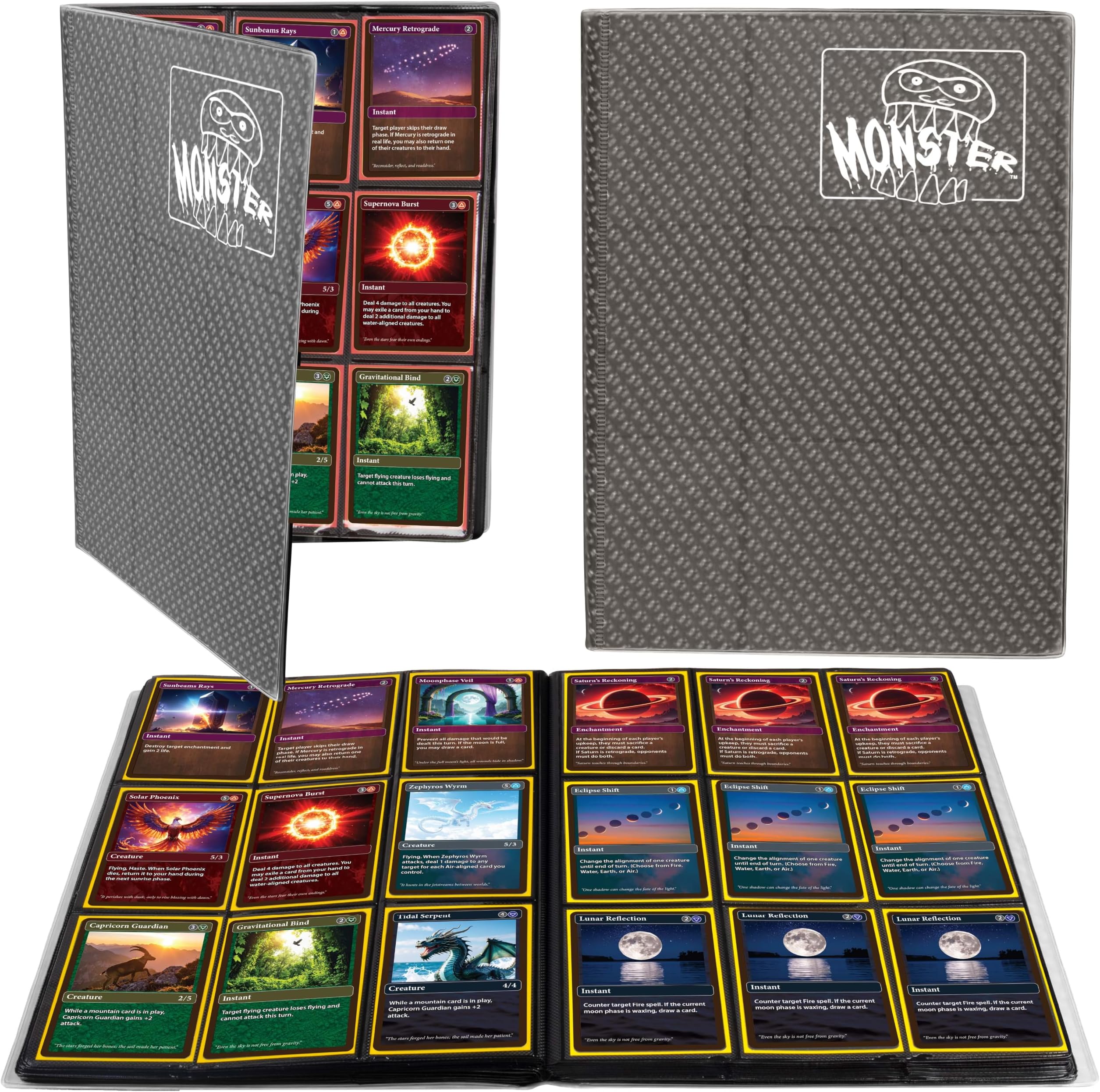 Monster 9 Pocket Trading Card Binder - Holofoil Gray Album, Anti-Theft & Anti-Drop TCG Protection w Side Loading Padded Pockets, Double Sided, Holds 360 Cards, For Sports, Gaming, Kpop, Gift