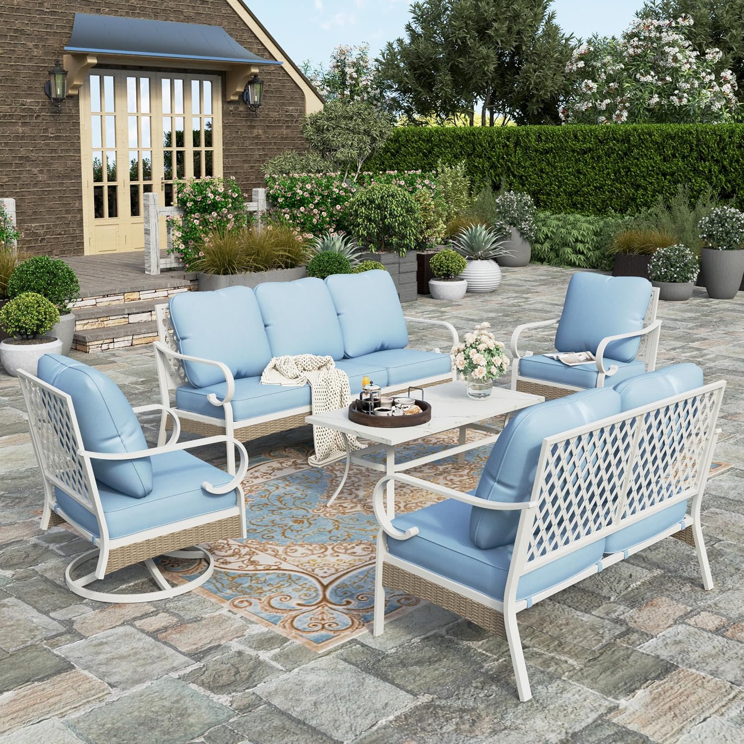 HERA'S HOUSE Patio Furniture Sofa, All-Weather 2-Seat Lover Sofa, Outdoor Couch with Deep Seating and Olefin Cushions for Lawn Garden Backyard Balcony, Blue