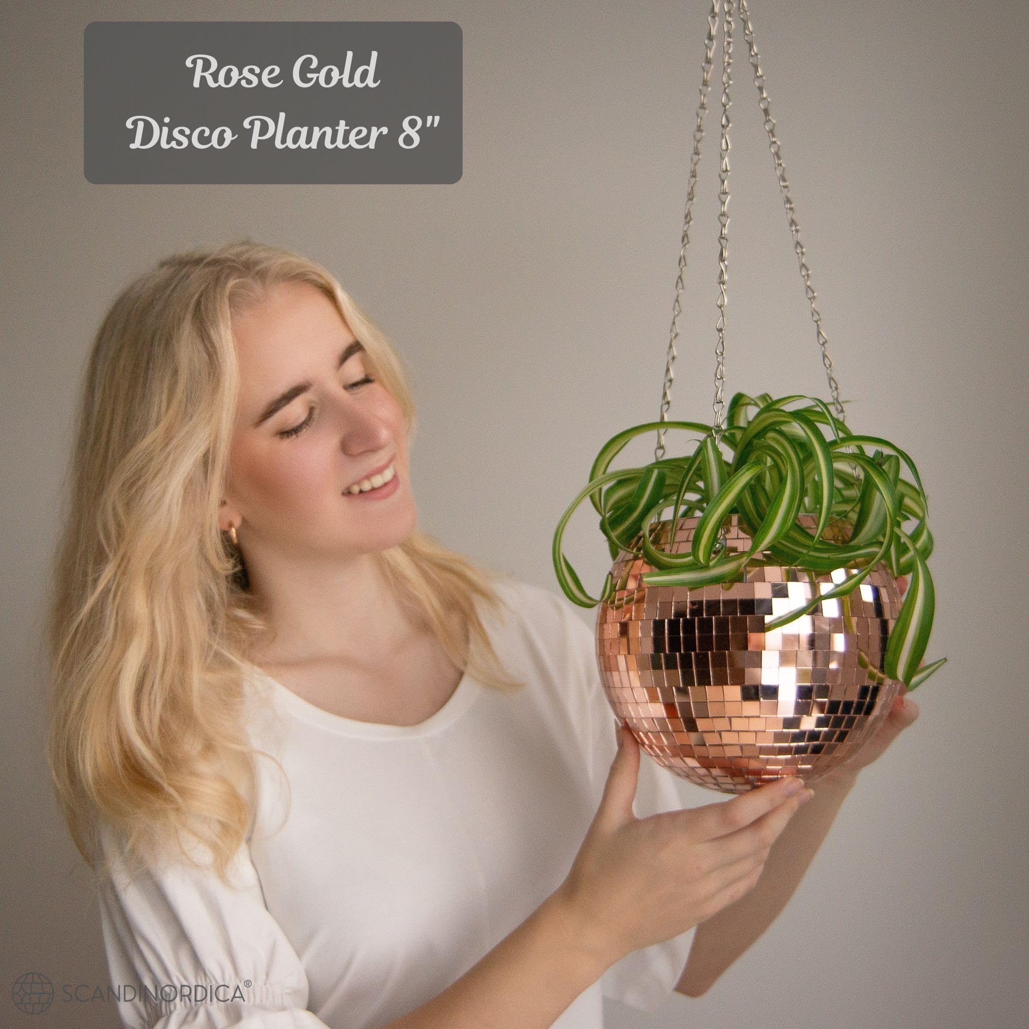 SCANDINORDICA Disco Ball Planter, Disco Ball Plant Hanger, Mirror Disco Glitter Planter with Chain and Macrame Rope - Image 2