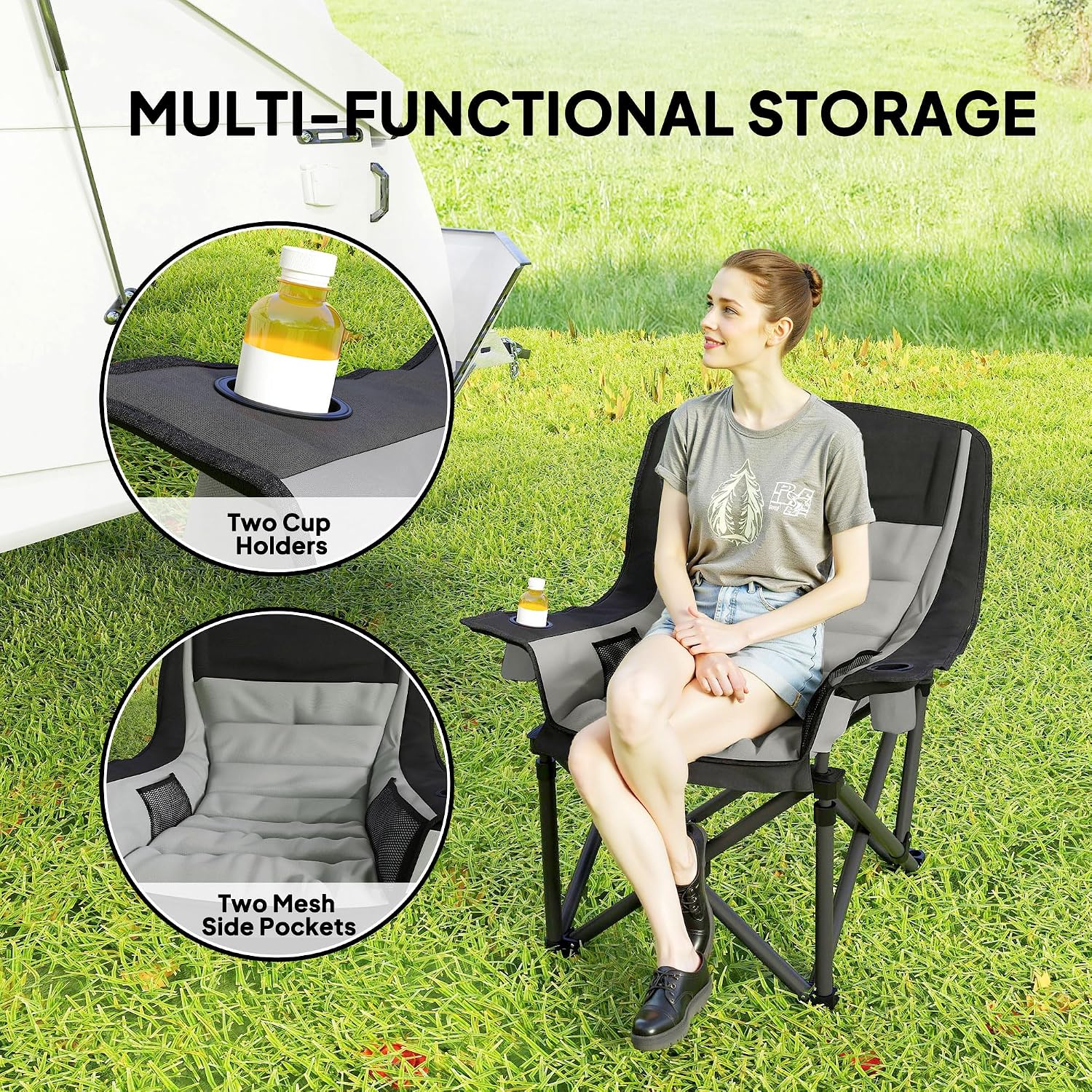 Outsunny Padded Camping Chair for Adults, Portable Folding Camping Chair with Side Pockets, Cup Holders, and Carry Bag, Outdoor Camp Chair for Backyard, Fishing, and Sports, Up to 265 lbs, Gray