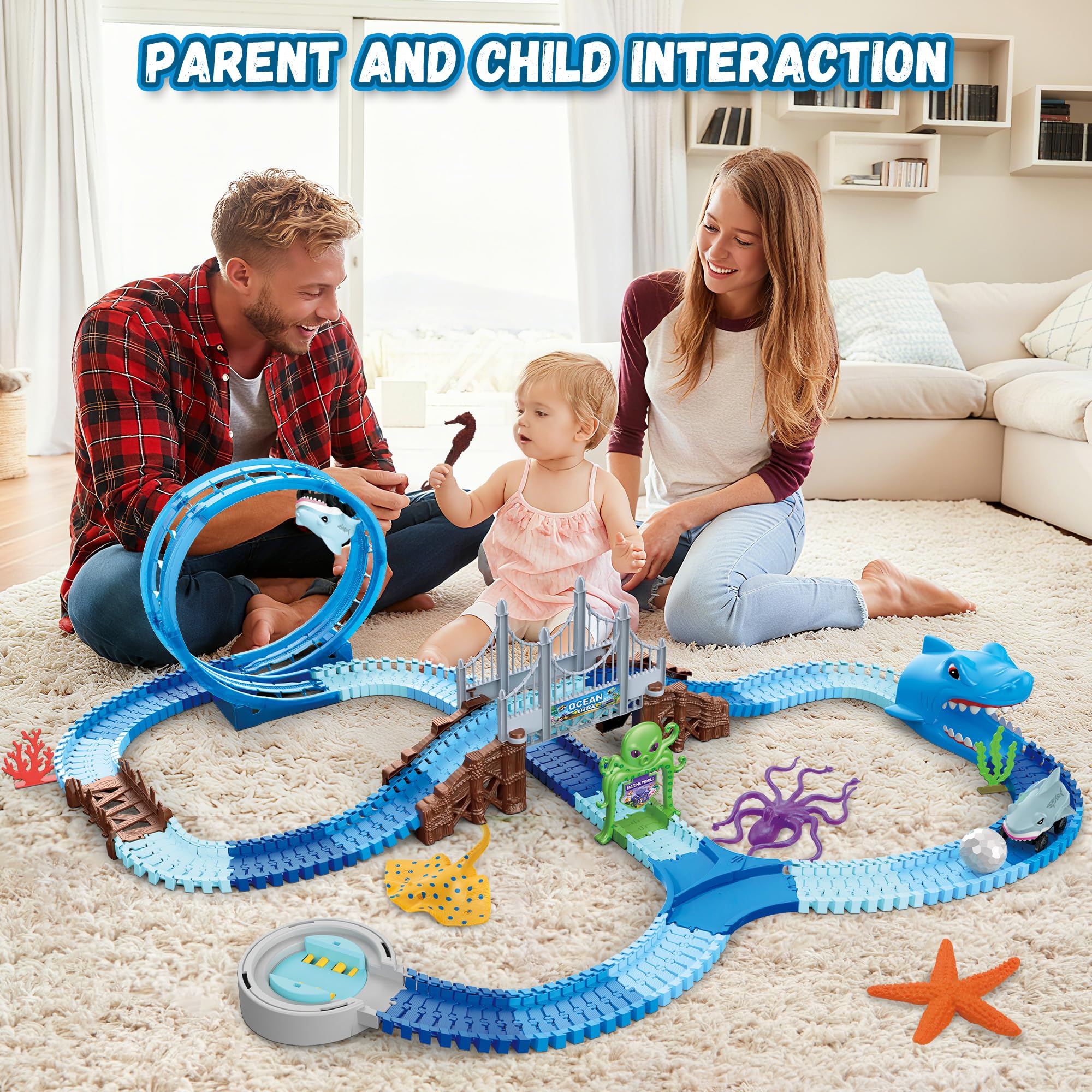 VATOS Shark Track Toys - Juego de pistas de carreras flexibles de 219 piezas con bucles de 360°, auto eléctrico de tiburón y rotación automática, crea una carrera de carretera temática de tiburón