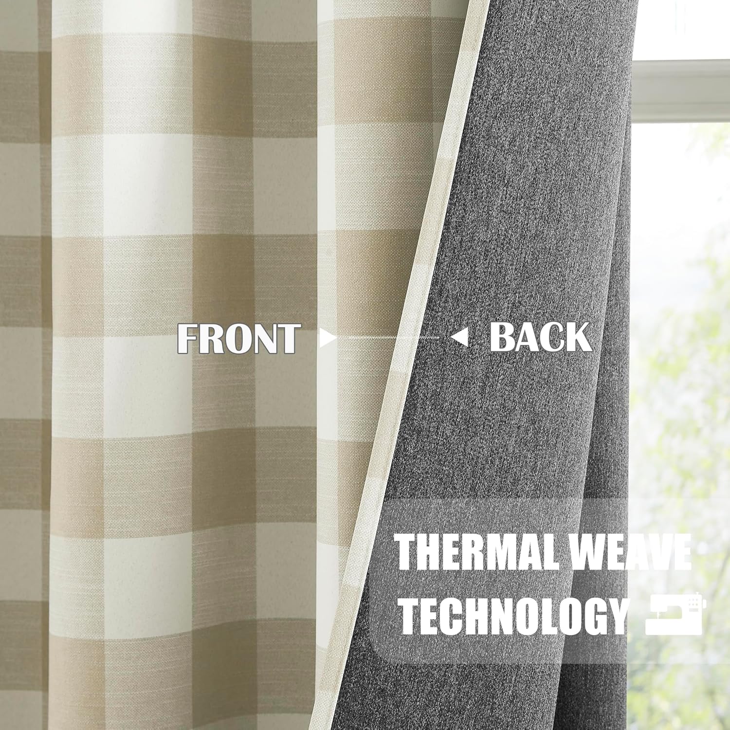 Buffalo Checkered 90% Blackout Curtains for Bedroom Living Room Plaid Gingham Thermal Grommet Top Drapes,Farmhouse Country Style Energy Efficient Room Darkening 2 Panels 52x63 Inch,Beige/White