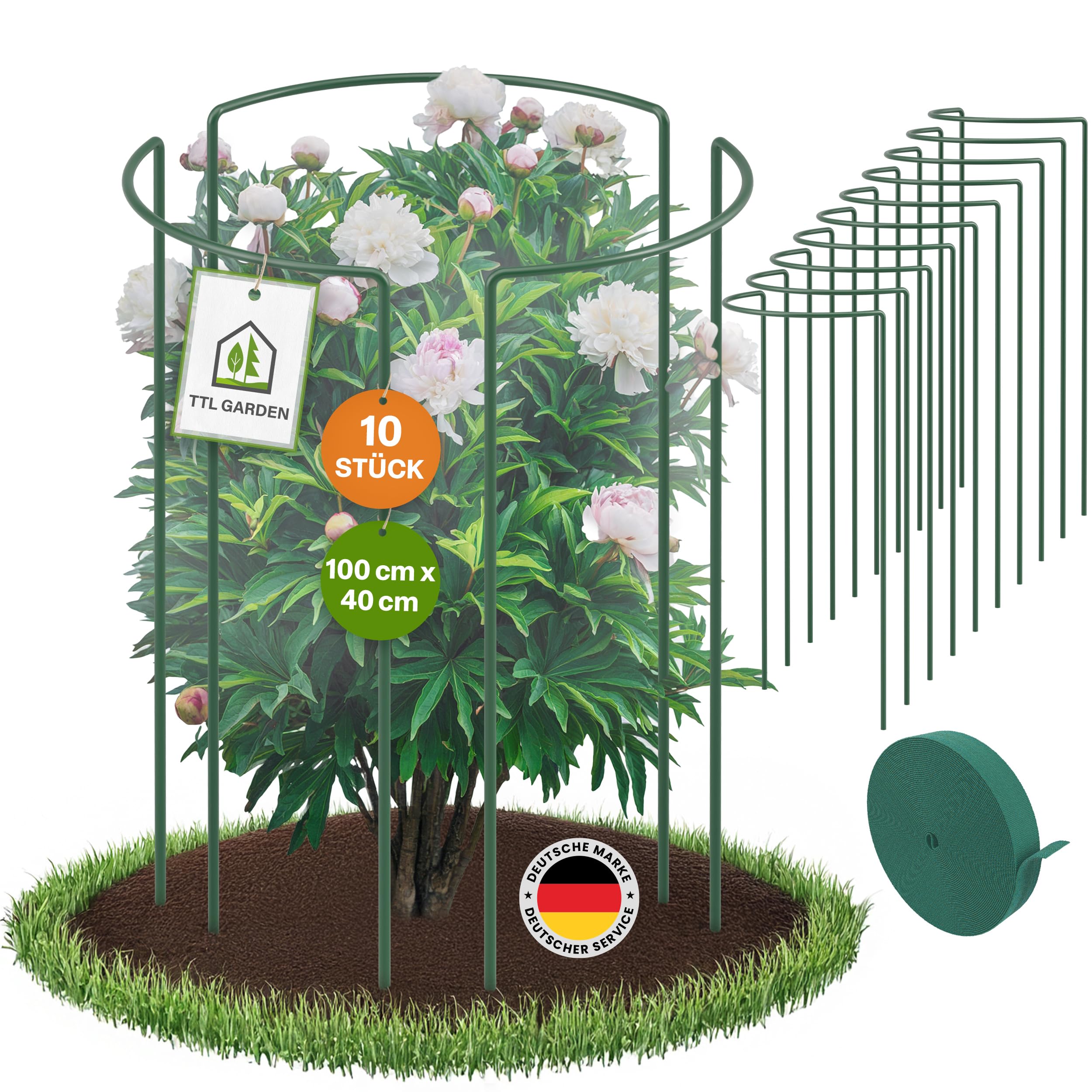 TTL GARDEN Strauchstützen 100cm x 40cm 10er Set + Klettband - Pflanzenstütze Stahl rostfrei Kunststoff beschichtet - Pflanzenhalter Staudenhalter Blumenhalter Hortensie Rose Pfingstrose Ø 5,5mm grün