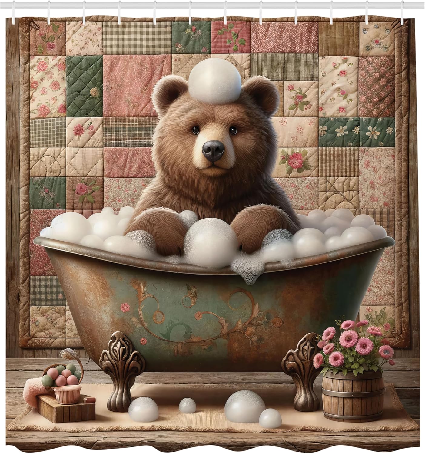 Ambesonne Rustic Shower Curtain, Funny Grizzly Bear Weathered Bathtub Bubbles Farmhouse Flowers Patchwork, Cloth Fabric Bathroom Decor Set with Hooks, 69" W x 84" L, Chocolate Rose Green