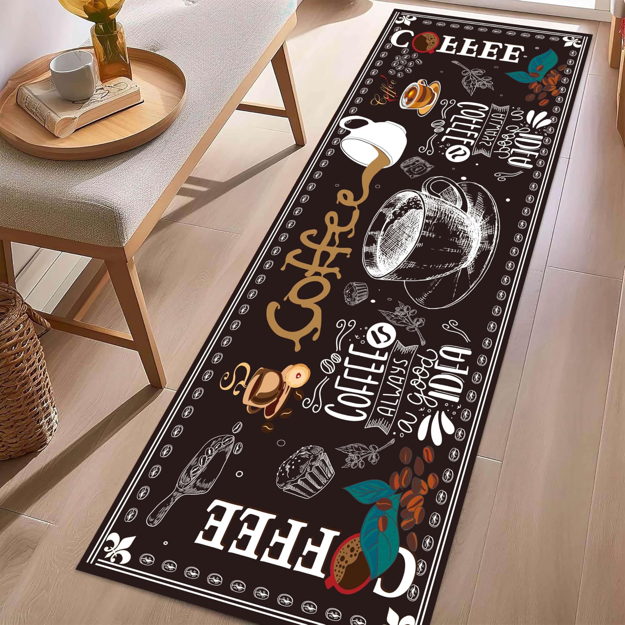 ZCLRUG Coffee Bean Cup Print Kitchen Runner Rug, 60 x 180 cm Rustic Retro Coffee Theme Washable Long Rug, Cupcake Leaf Durable Easy Care Non Slip Dark brown white Carpet for Hallway Entryway Decor