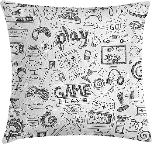Ambesonne Juego de 2 fundas de cojín de videojuegos, estilo boceto monocromático, diseño de videojuegos, dispositivo de monitor de carreras,