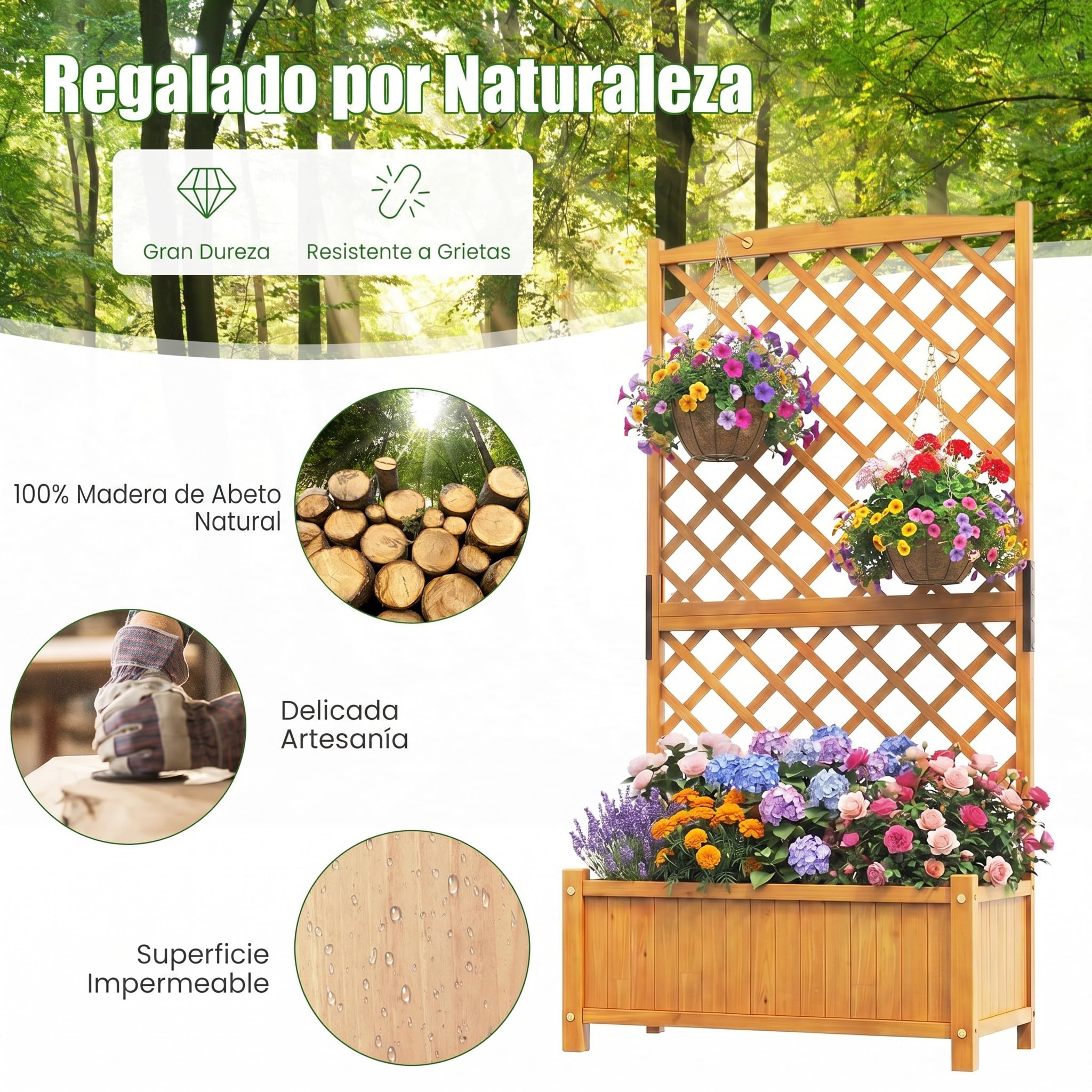 COSTWAY Jardinera con Enrejado de Madera Maciza de Abeto, Jardinera con Celosia, Orificios de Drenaje para Plantas Trepadoras, para Jardines, Patios y Balcones, 90 x 44,5 x 180,5 cm (Natural)