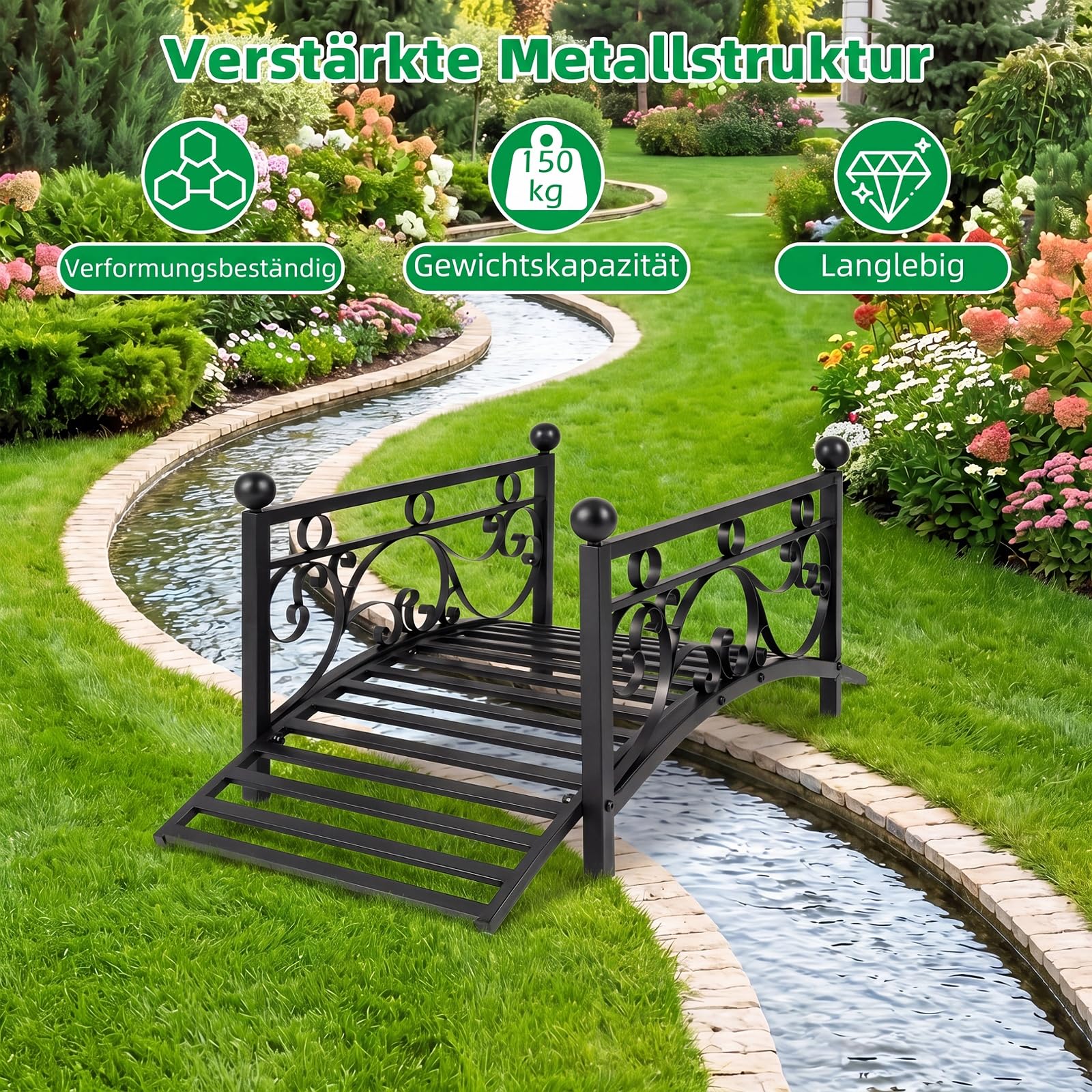 COSTWAY Brücke aus Metall, 101,5 cm, Teichbrücke 150 kg belastbar, Gartenbrücke mit dekorativen Geländern, Metallbrücke Antik-Optik, stabil und wetterfest, Zierbrücke für Garten Bach Teich, Schwarz