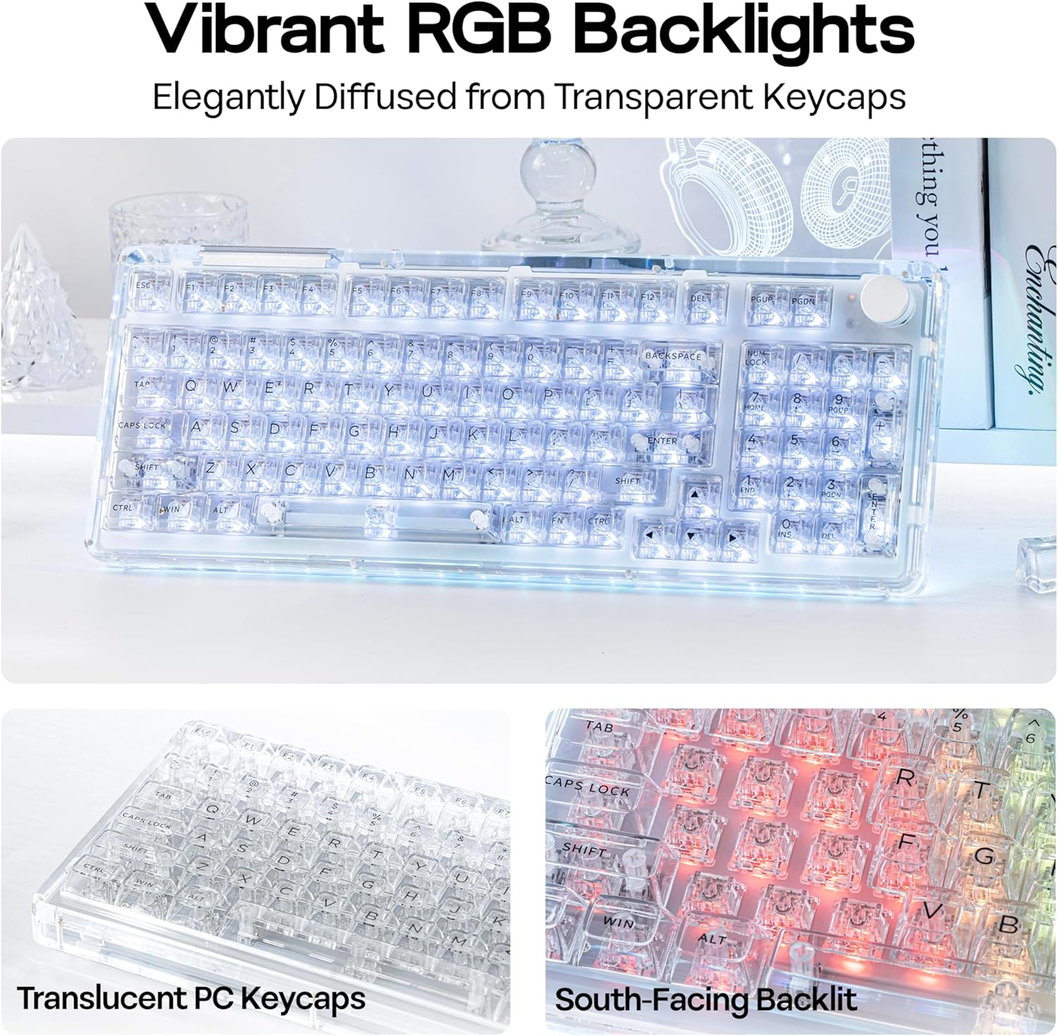 KiiBoom Phantom 98 Hot Swappable Crystal Gasket-Mounted Mechanical Keyboard, Triple Mode NKRO Gaming Keyboard with South-Facing RGB, Clear Keycaps, 8000mAh Battery for Win/Mac (Clear) - Image 5