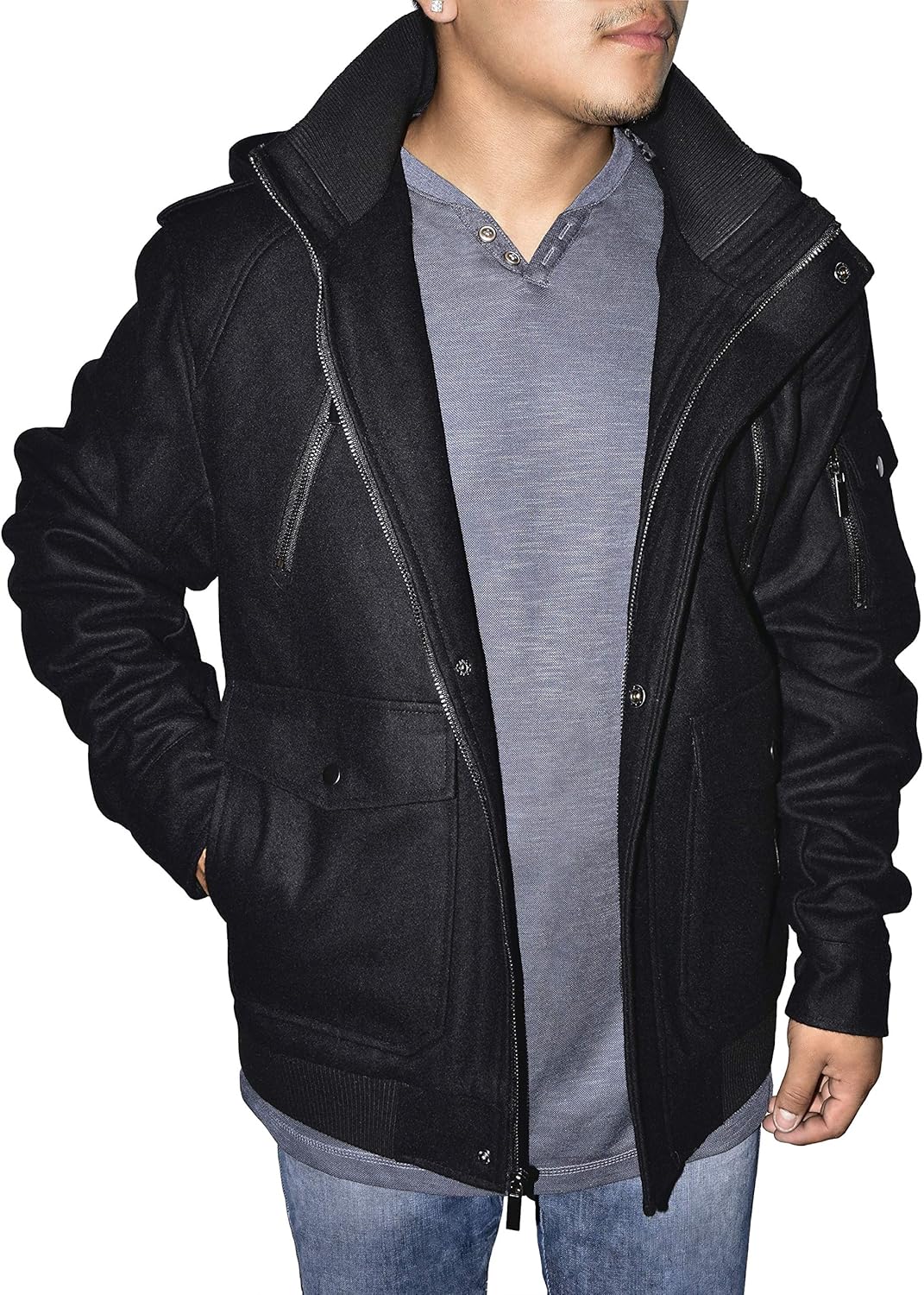 Victory Outfitters Men's Removable Hooded Wool Blend Bomber Jacket