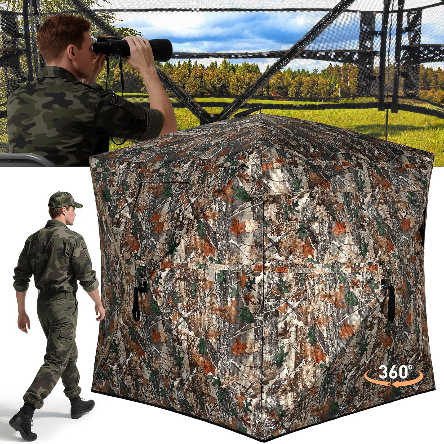 Hunting Blind with Carrying Bag, 270/360 Degree See Through, 2-3 & 3-4 Person Pop Up Ground Blinds, 300D Portable Concealed Hunting Tent for Deer and Turkey Camouflage (360° 3-4 Person?