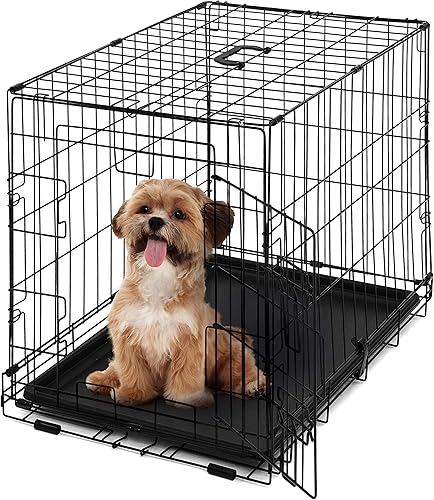 CAPHAUS Perrera plegable de alambre de metal para perros con bandeja a prueba de fugas y patas protectoras y panel divisor, puerta individual o