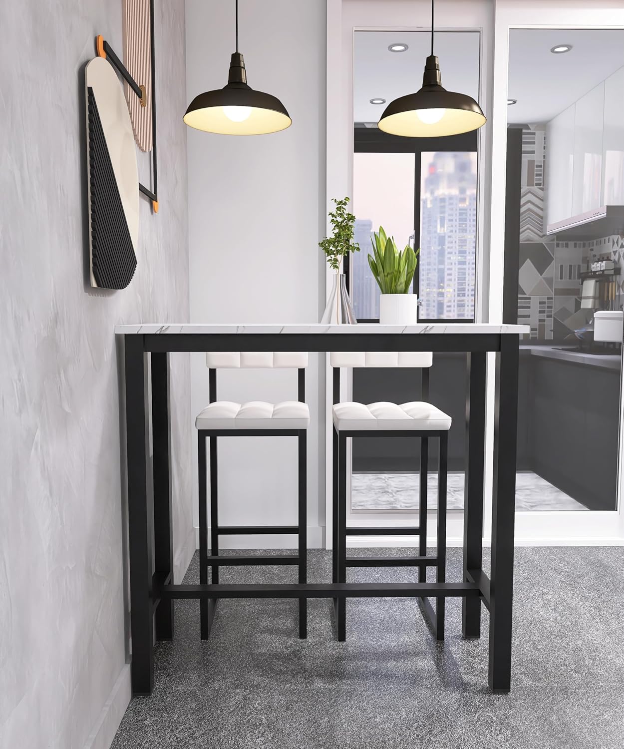 Bar Stools Set of 2, 27" Counter Height BarStools with Back and Footrest, Upholstered PU Leather Seats, Easy Assembly Bar Chairs for Kitchen Island, Dining Room, Black Metal Frame, Cream-Colored