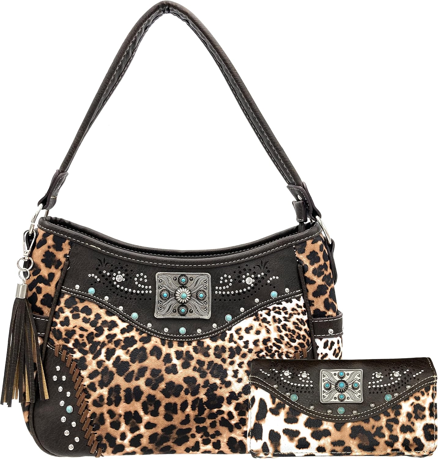 Leopard Animal Print Concealed Carry Feather Concho Country Vintage Western Handbag Hobo Purse Wallet Set