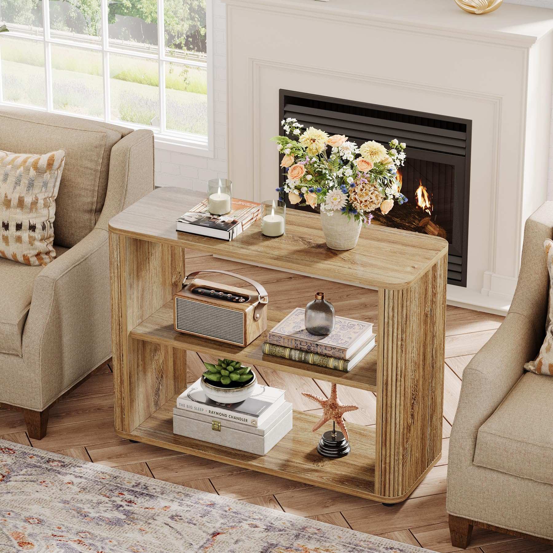 Tribesigns 3-Tier Narrow End Table, Fluted Nightstand, Bedside Table | Storage Shelves, Farmhouse Style, For Living Room, Bedroom, Small Spaces, Sofa Couch, Natural