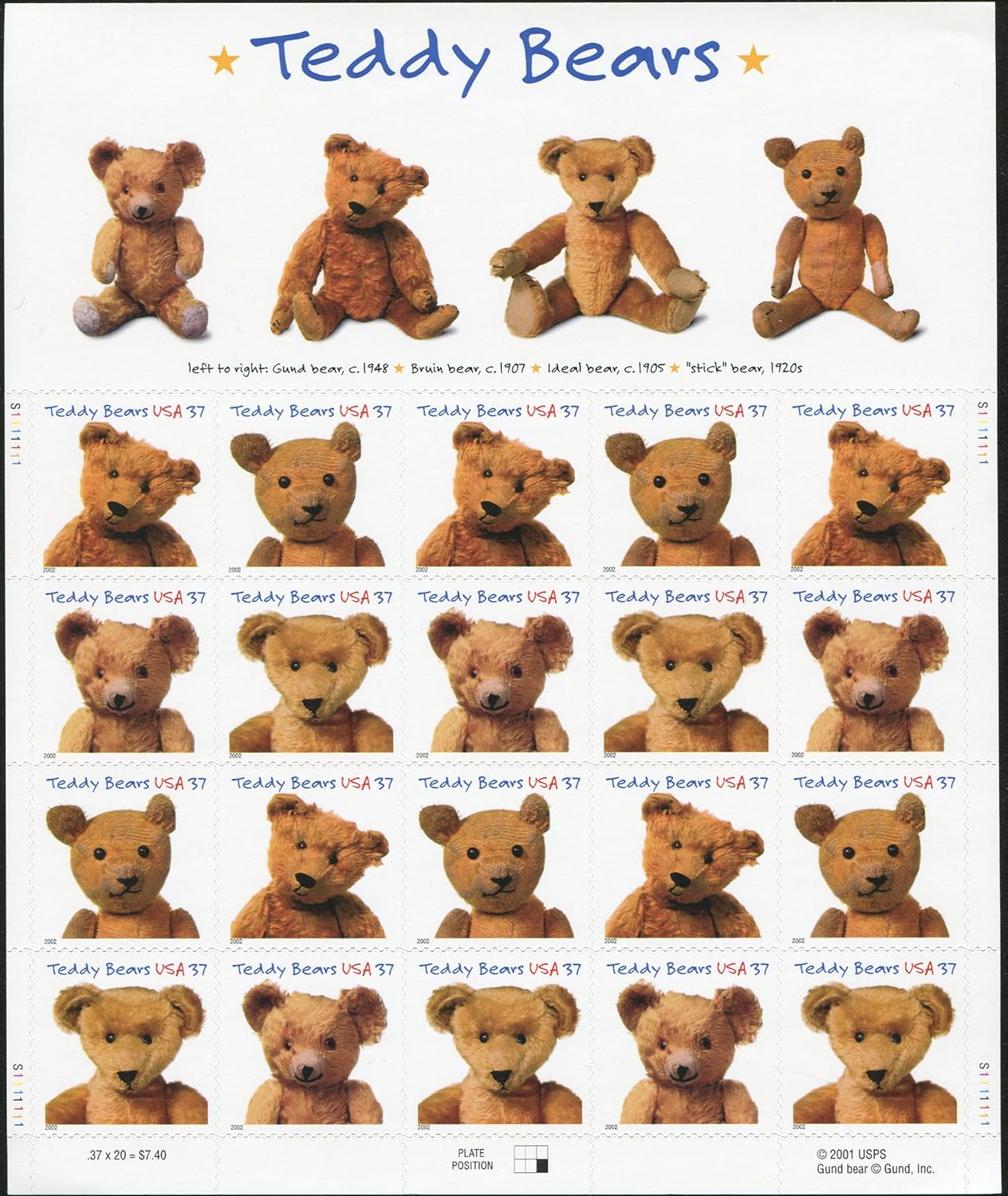 Teddy Bear Postage Stamps (Scott #3656) Pane of 20 x 37¢ US Postage Stamps