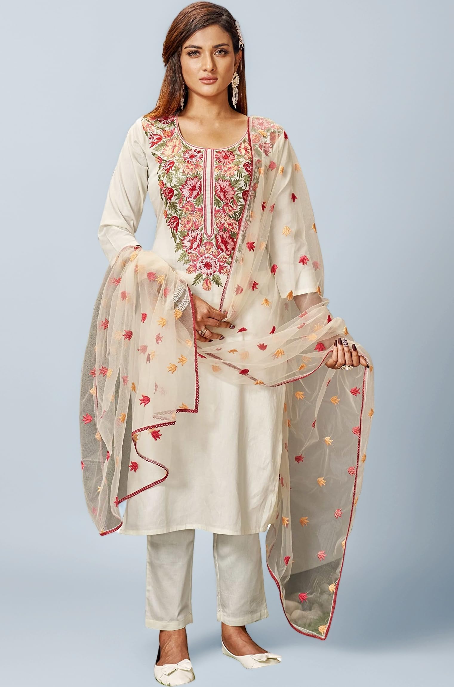 Womanista Women's Floral Embroidered Cotton Blend Kurta Trouser With Dupatta Set (Kurtaset_1120)