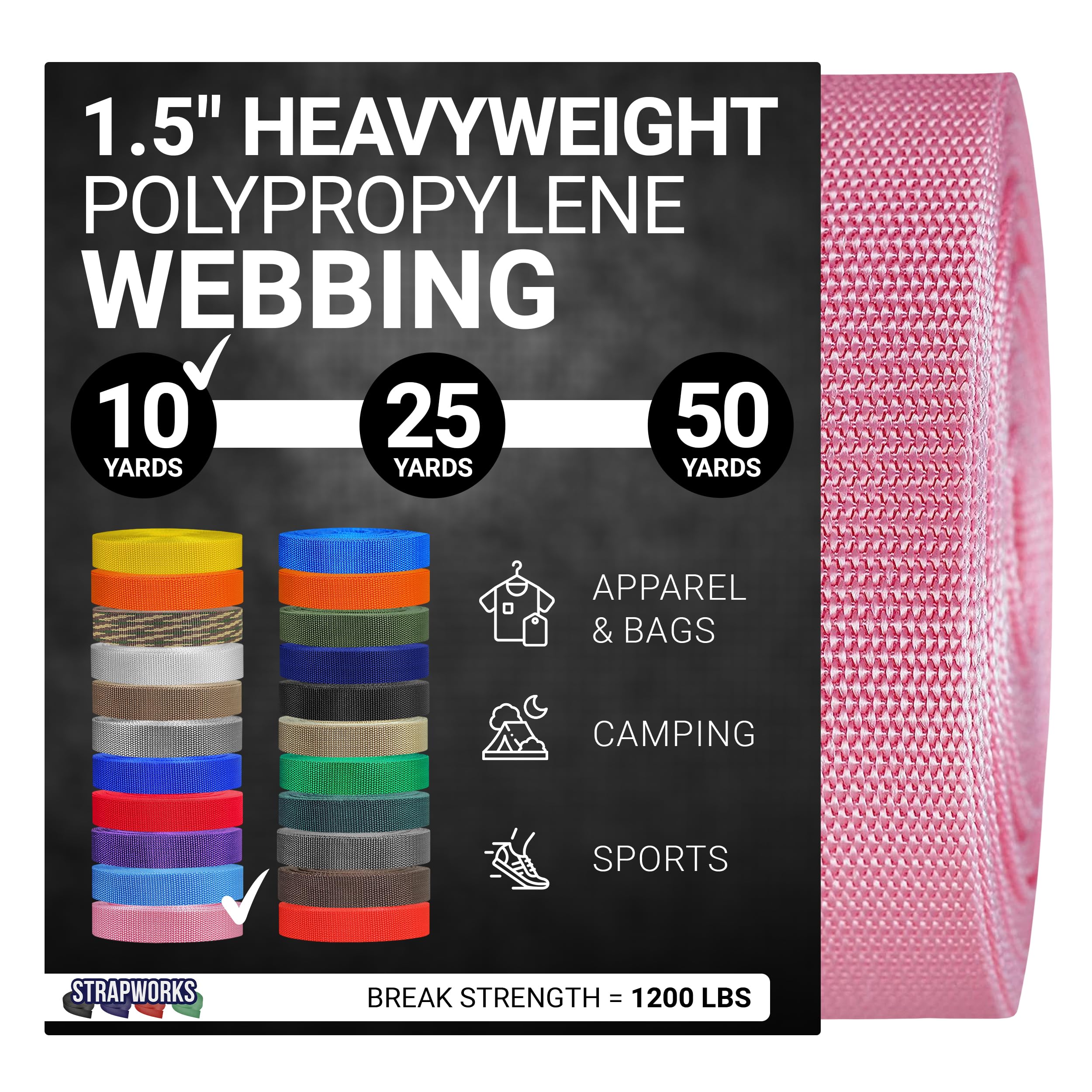 Strapworks Heavyweight Polypropylene Webbing - Heavy Duty Poly Strapping for Outdoor DIY Gear Repair, 1.5 Inches