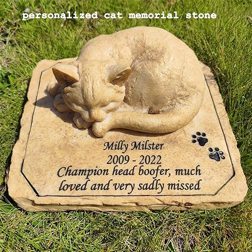 Miniatura 2 de Lápidas de jardín conmemorativas de gatos personalizables, todo el contenido es personalizable con lápidas con una estatua de gatito dormido,