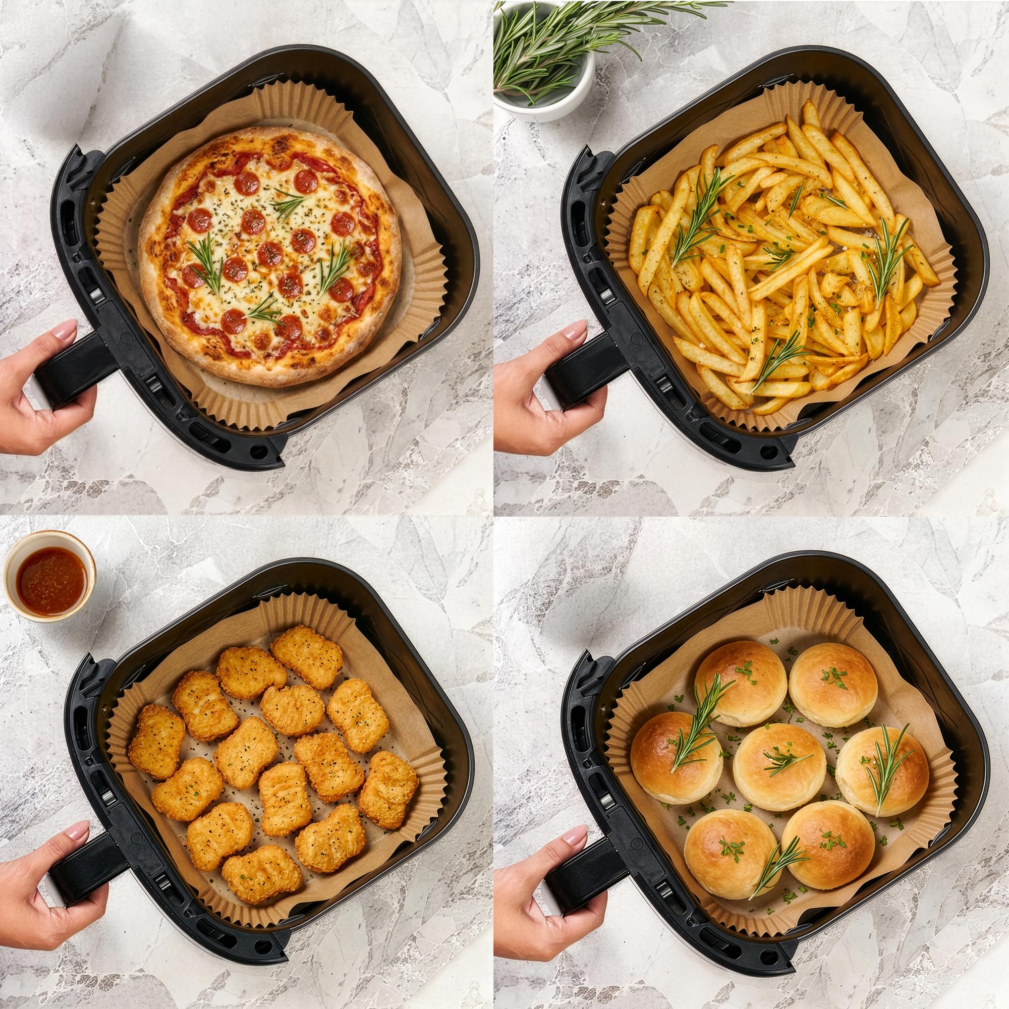 LEHMANN 100 sztuk papieru do pieczenia do frytkownicy na gorące powietrze z koszem o pojemności 4,5–8 l, kwadratowy 23–27,4 cm, nieprzywierający i odporny na olej, papier do pieczenia do frytkownicy