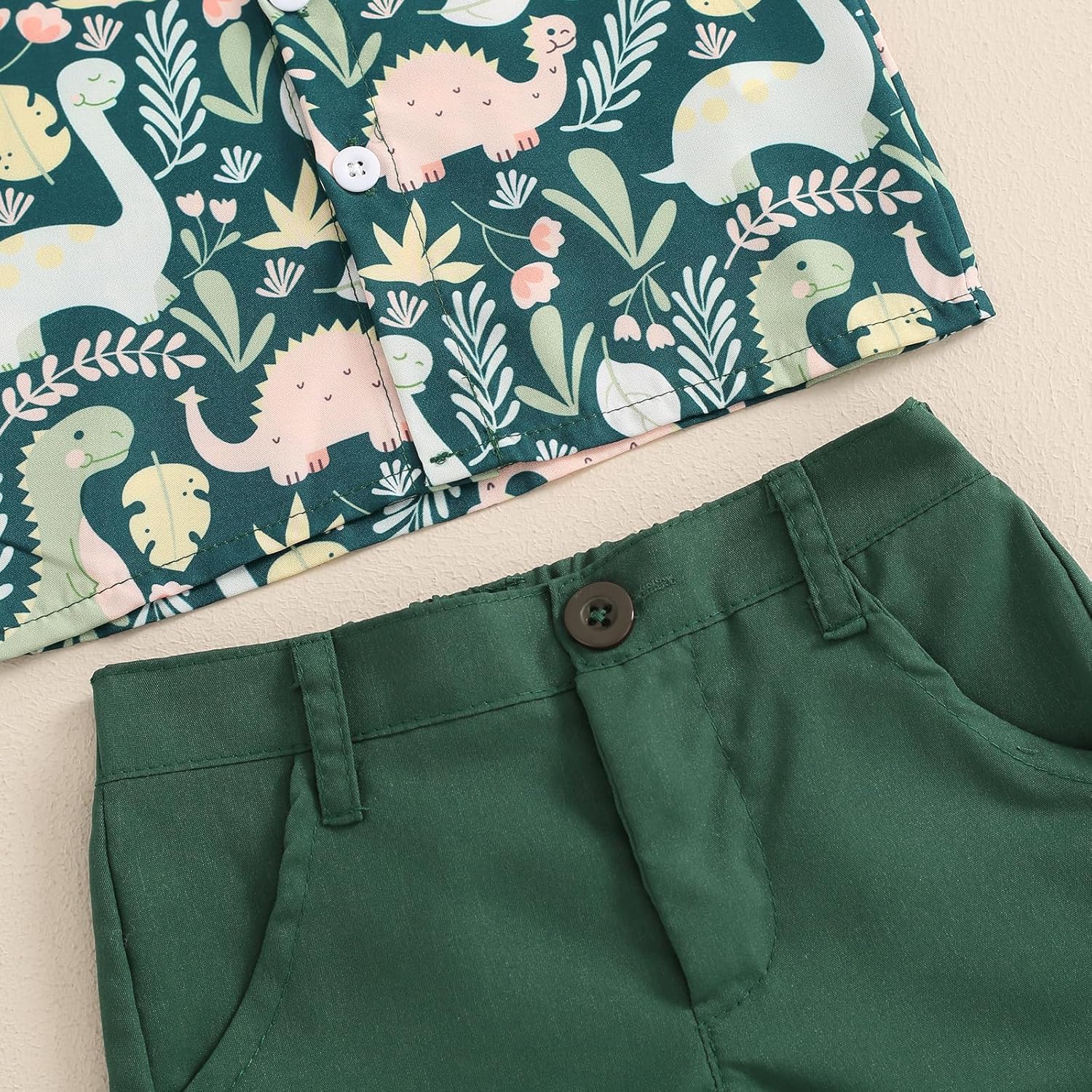Tsnbre Toddler Baby Boy Clothes Shorts Set Dinosaur Print Shirt Short Sleeve Button Down Top Solid Shorts Summer Outfit - Image 7