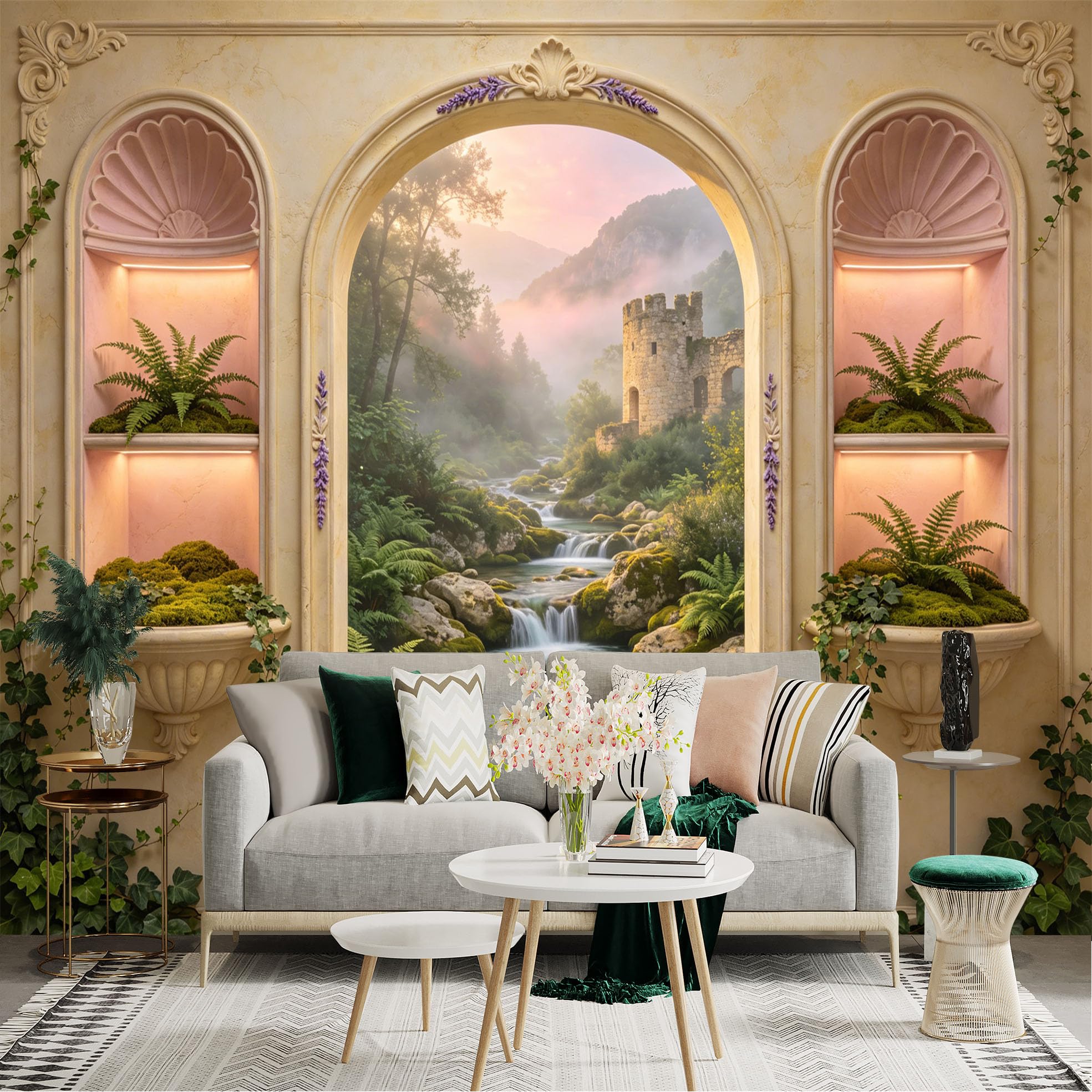 Lnzczhyre Dbh260521090 Custom Size Wall Sticker Mural， Enchanted Stone Castle， Misty River Valley， Lush Fern Forest， Serene Landscape View， For Wall Decoration， Peelandstick Wall Decals.