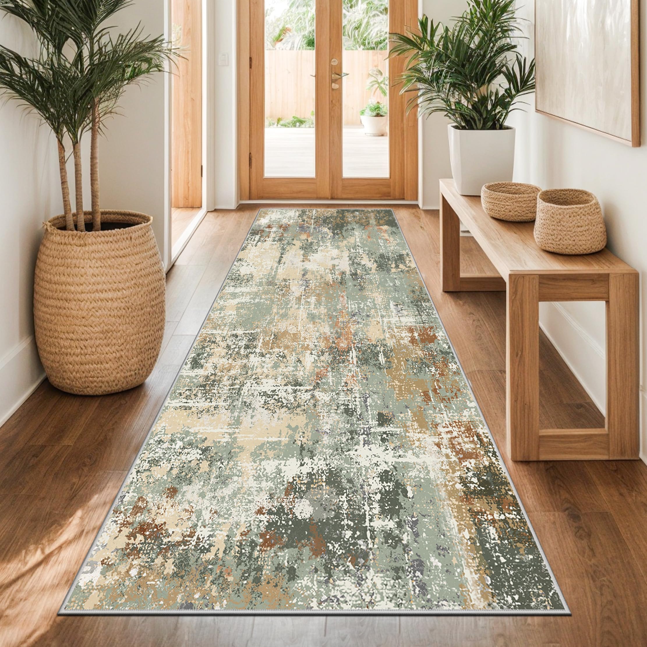 Capslpad Rug Runner Hallway 80 x 200 cm Brown-Green Abstract Washable Non-Slip Kitchen Runner Rug Modern Minimalist Short Pile Artificial Wool Rugs for Living Room Bedroom