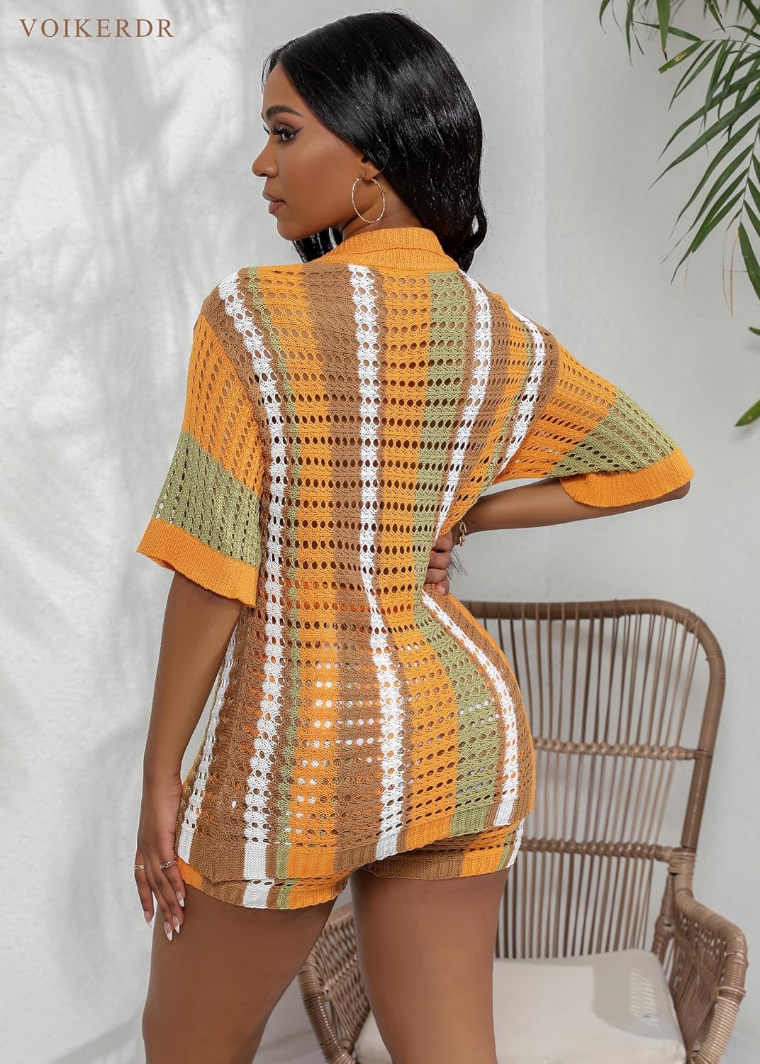 VOIKERDR Two Piece Shorts Sets for Women Colorblock Stripe Shirt and Shorts Summer Vacation Outfits Beachwear - Image 4