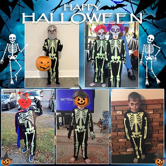 Besutolife 4T Toddler Skeleton Costumes Kids Halloween Skeleton Costume Glow in The Dark with Gloves White Bones Stretch Body Suit for Boys Girls