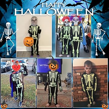 Besutolife 4T Toddler Skeleton Costumes Kids Halloween Skeleton Costume Glow in The Dark with Gloves White Bones Stretch Body Suit for Boys Girls