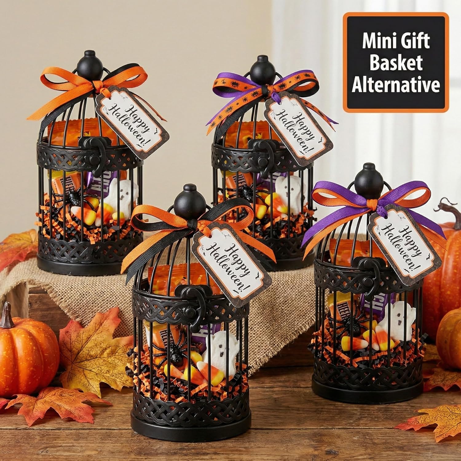 VELA LANTERNS 6" Birdcage Decor Candle Holder Lantern Decorative Table Centerpiece Halloween Decorations, Black, Small, Set of 4