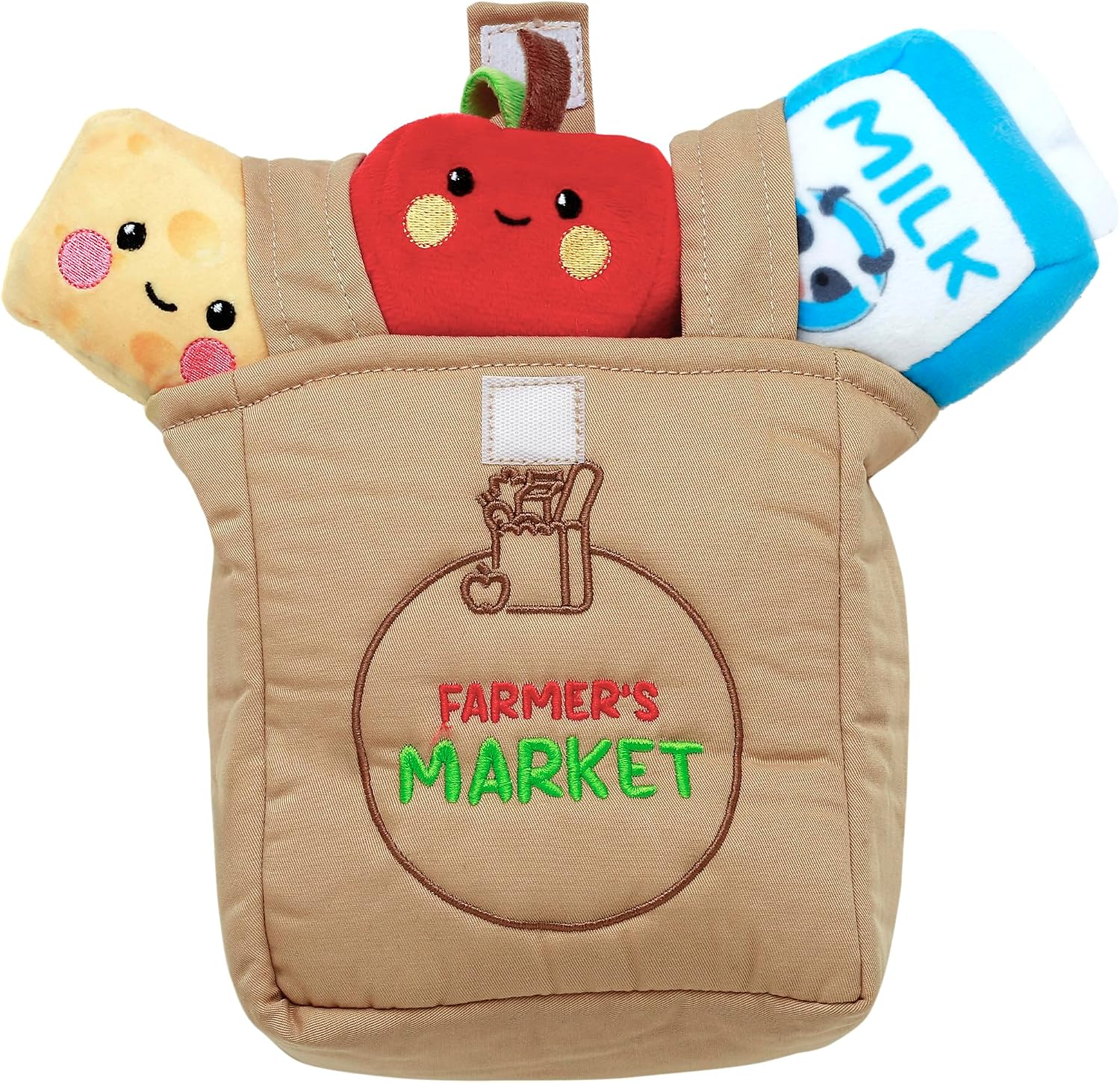 4 Piece Plush Farmer's Market Play Set with Sensory Toys for Infant Babies, Multicolored, 6 inch Grocery Bag with 3 Foods Inside image 2