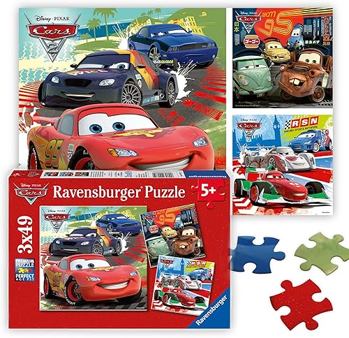 Ravensburger - Disney Cars: Diversión en Carreras Mundiales - Juego de Rompecabezas de 49 Piezas en Pack de 3 - Lightning McQueen y Más - Piezas Más