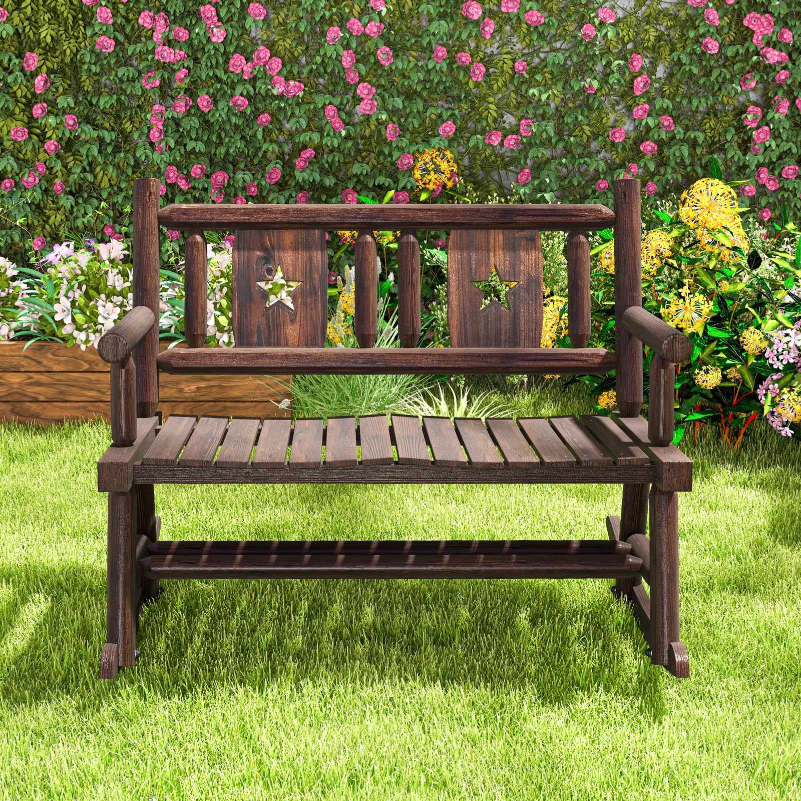 GOPLUS Banco Mecedora Exterior para 2 Personas, Mecedora Doble de Madera Carbonizada con Asiento Curvado, Balanceo de Porche para Jardín, Trasero y Carga 320 kg, Marrón rústico