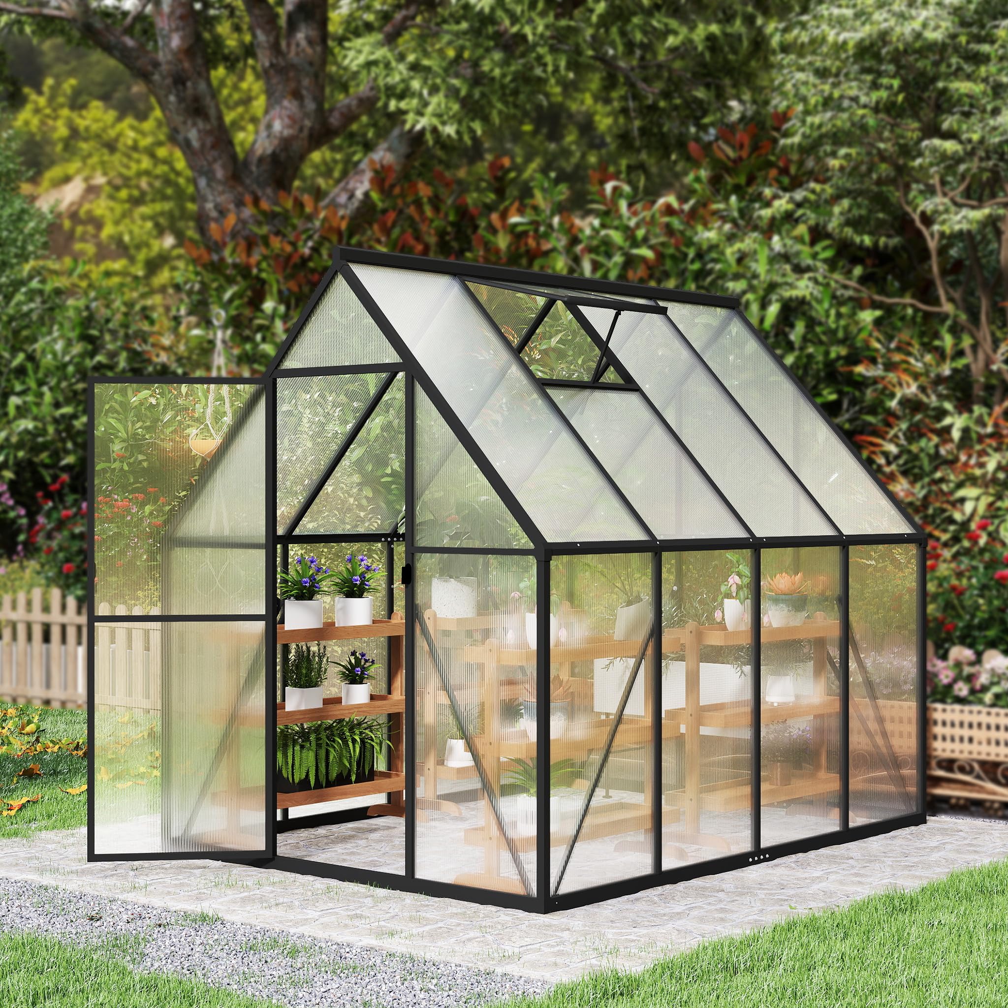 YRHome Jardín de invernadero de aluminio 230 x 180 x 195 cm 4,14 m² con cimientos reforzados, claraboya y puerta, resistente a la intemperie y resistente a la temperatura para tomates, verduras y