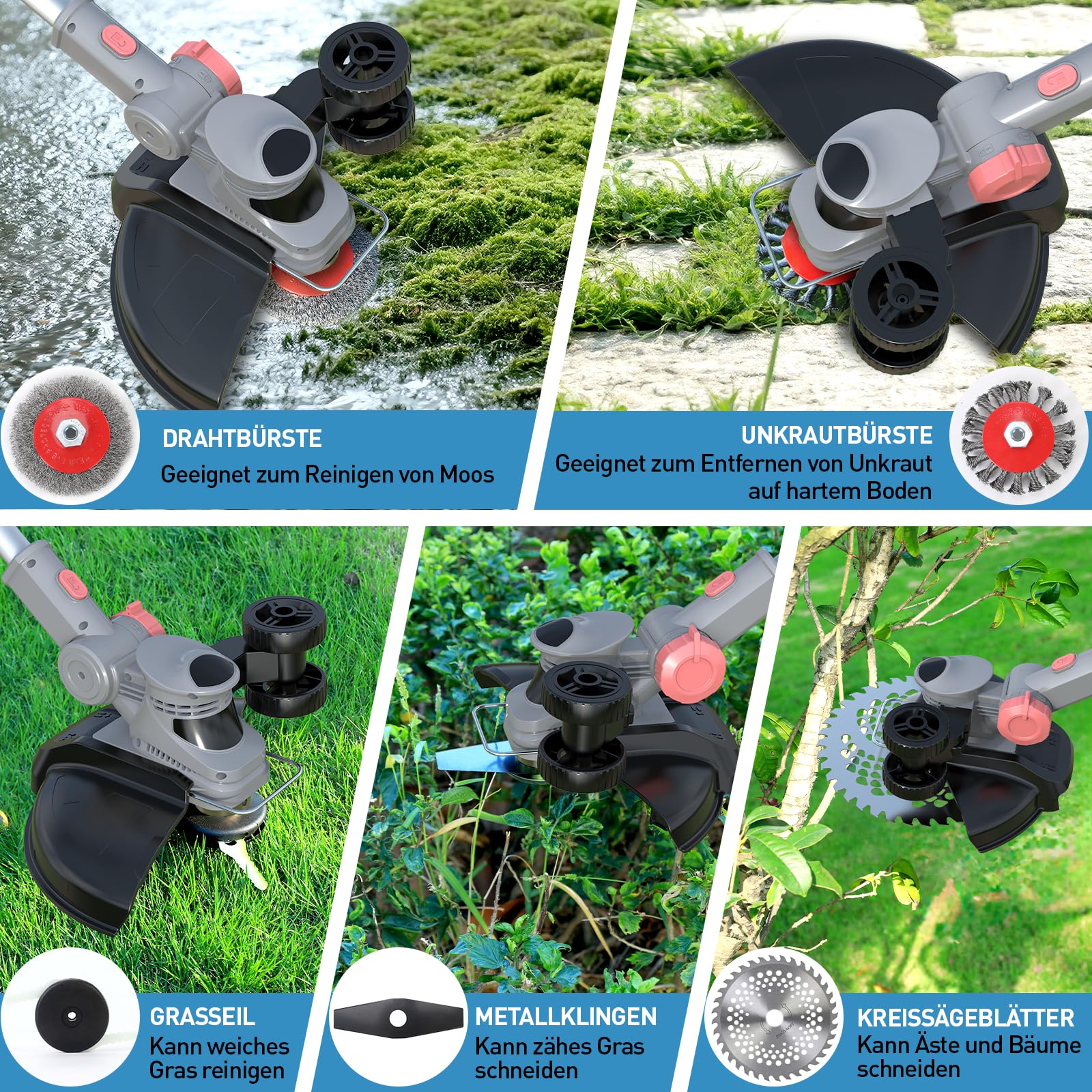 Desbrozadora con batería y cargador, 21 V, desbrozadora para batería Makita, incluye 2 baterías de 4,0 Ah, desbrozadora con cepillo para malas hierbas, cabezal giratorio 90°, para jardín (gris)