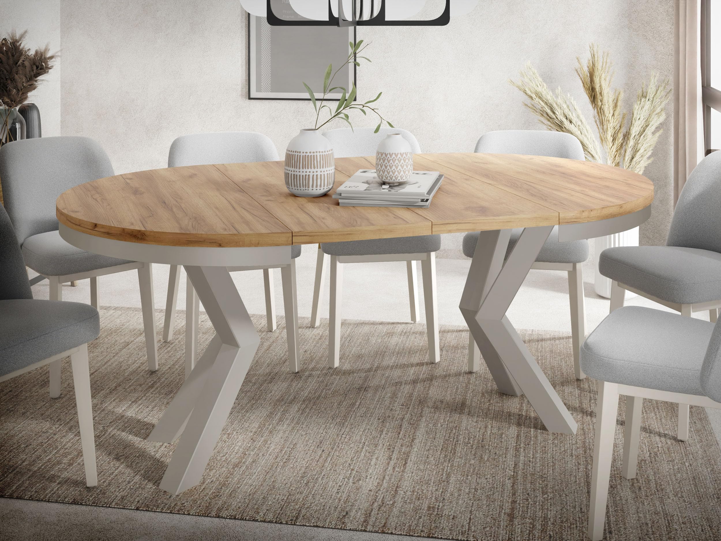 WFL GROUP Table à Manger Ronde Extensible Style Loft - Table Industrielle avec Pieds Métalliques Gris-Beige Cachemire - Table Gain De Place pour Salon - Chêne Craft Or - 120 à 200 Cm