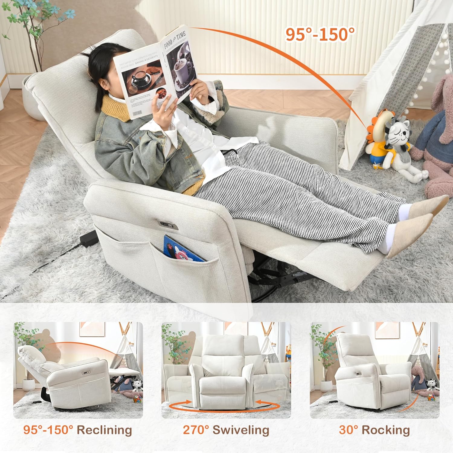 270° Power Swivel Rocker Recliner Chair, Rocking Chair Nursery, Electric Recliners for Small Spaces, Single Sofa Recliner for Living Room, Bedroom,RV (Fabric, Light Gray+270°Swivel)