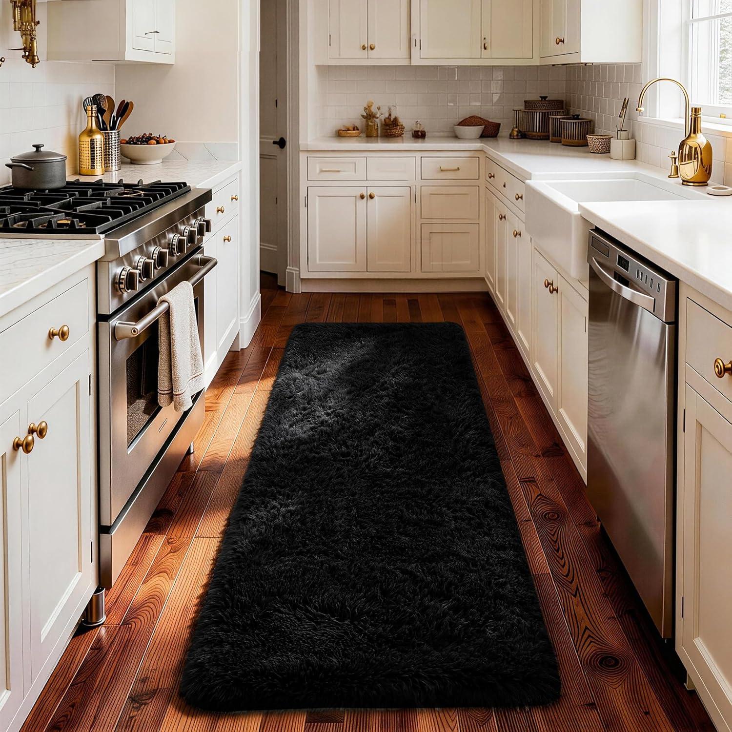 Ophanie Runner Rug for Hallway, 2x6 Bedroom Black Runner Rugs, Non Slip Fluffy Soft Shaggy Bedside Carpet for Kids Girls Boys Home Decor Aesthetic, Dorm Nursery
