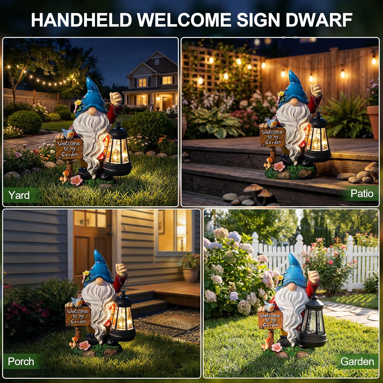 ZQQLITE Garden Gnome Statues Figurine Lights - Solar Powered Lighting Outdoor Decorations with Lantern & Welcome Sign, Yard Art Lawn Ornaments for Porch Patio Balcony - Gnome Gifts for Women Mom