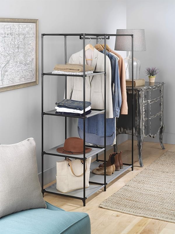 Whitmor Spacemaker 5 Tier Wardrobe Closet, Freestanding Storage System with Garment Rod, Space - Saving Organizer for Small Bedrooms, Apartments, Sturdy Steel Frame, Black/Gray by Whitmor - Used condition - Image 2