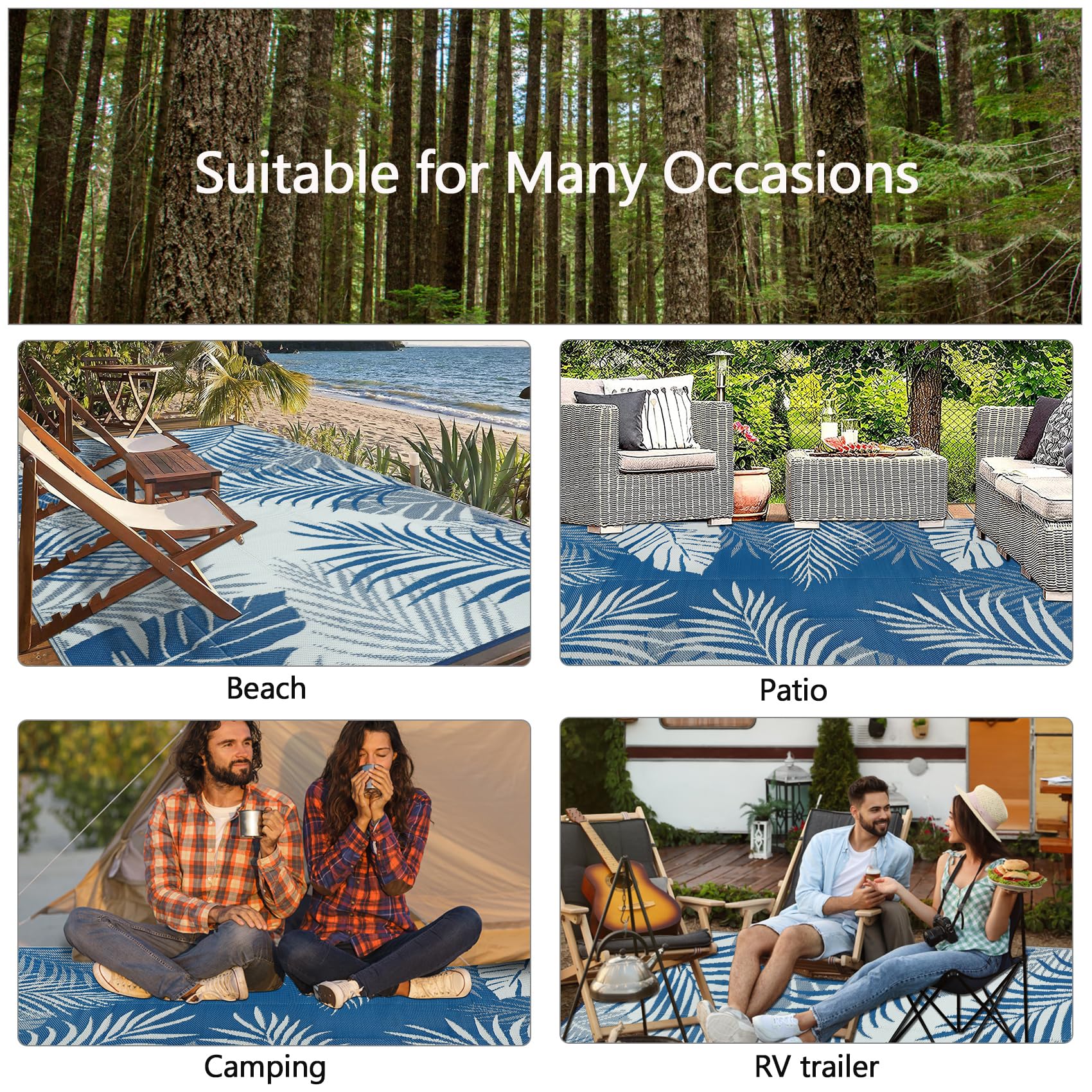 Cekene Tapis d'extérieur imperméable réversible bleu de 1,8 x 2,7 m, tapis de paille en plastique léger avec sac de transport, tapis de camping portable pour camping-car, tapis d'extérieur moderne