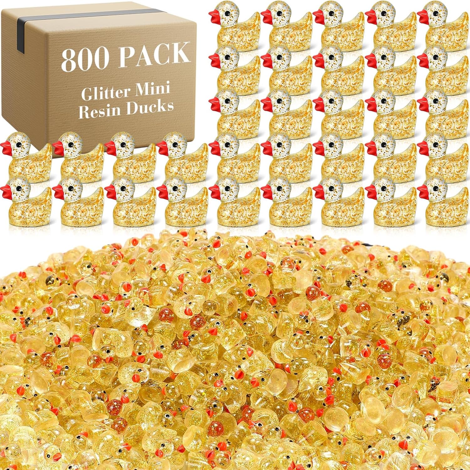 Barydat 800 Pack Glitter Mini Resin Ducks Bulk Mini Ducks Pranks Hide Miniature Figures Tiny Resin Animals for DIY Projects Garden Dollhouse(Yellow)