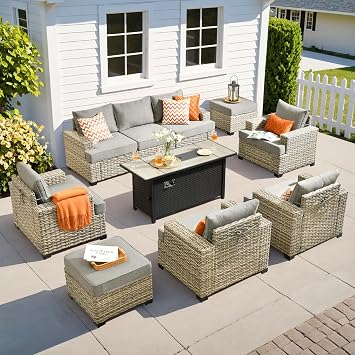 10 Pcs Outdoor Sectional Patio Furniture Set with Fire Pit Table - All Weather Wicker Modular Outside Sectional Couch,Patio Seating Outdoor Conversation Sets for Deck Yard Garden,Dark Grey
