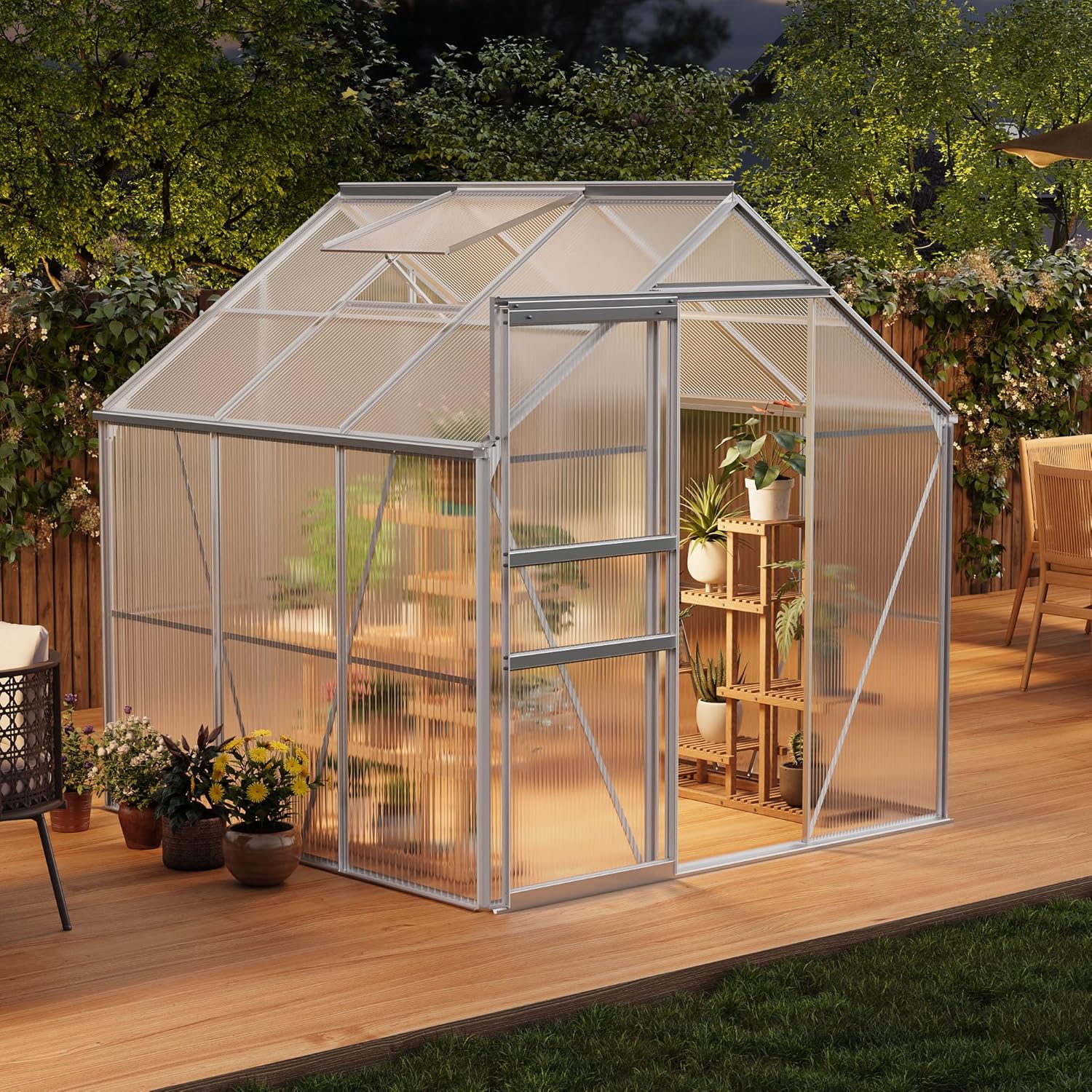 GarveeHome 6 x 6 FT Polycarbonate Greenhouse, Winter Greenhouses for Outdoors with Aluminum Frame, Sliding Door, Adjustable Roof Vent, Backyard Green Houses, Patio Garden, Silver