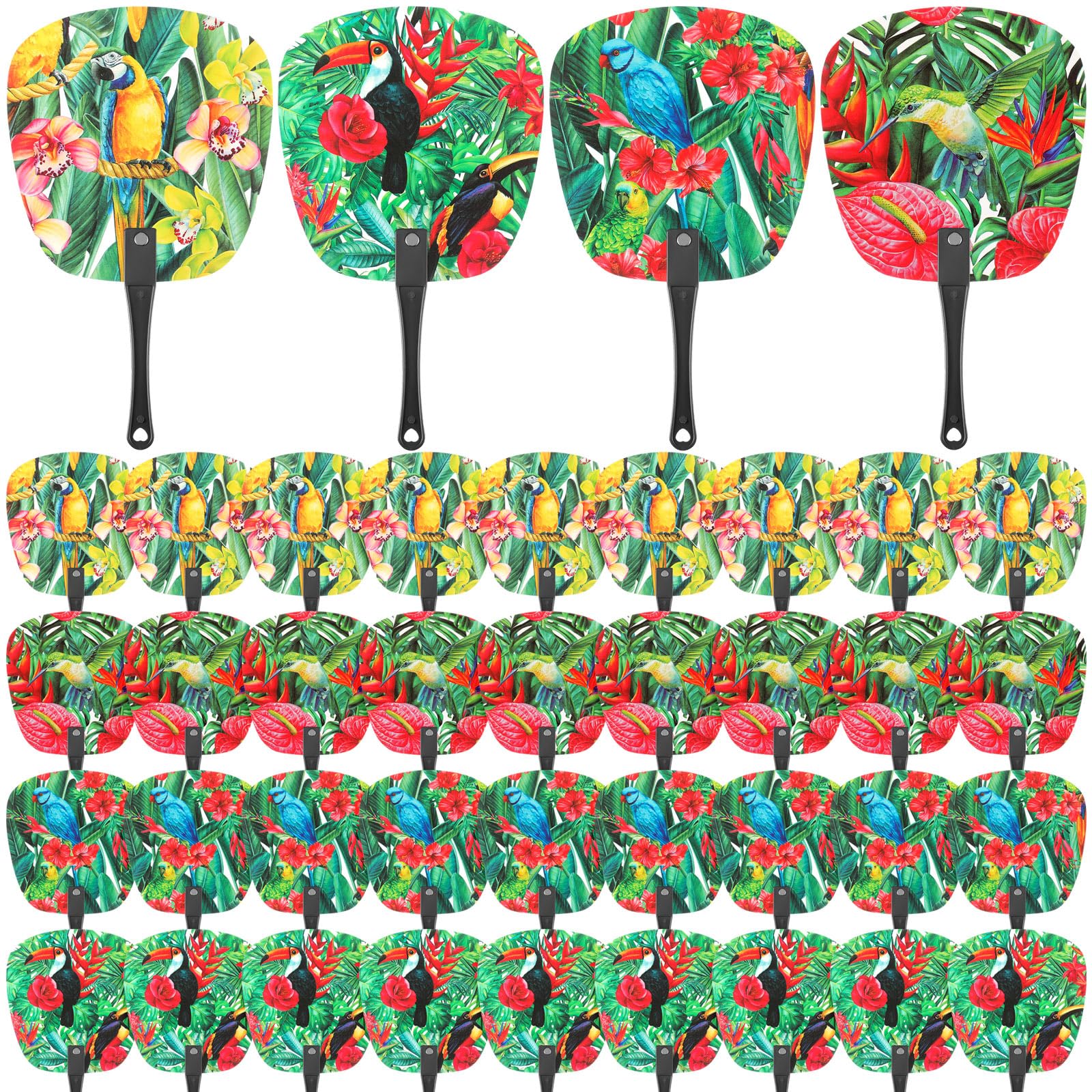 Geetery 36 Pcs Hawaiian Handheld Fans Bulk Plastic Cooling Fans with Long Handle Floral Bird Tree Patterns for Summer Party Favors Wedding Outdoor