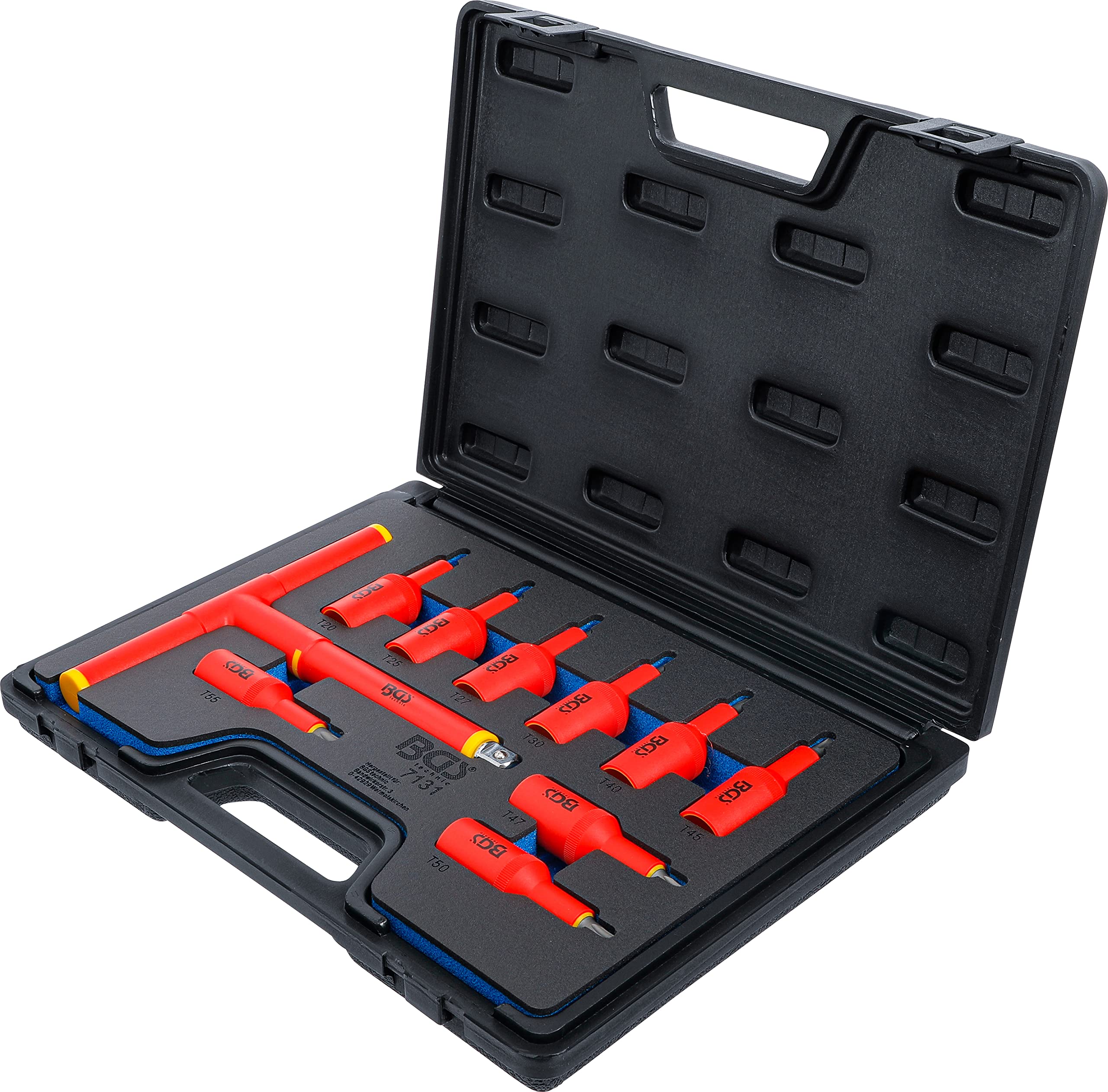 BGS 7131 | Juego de puntas de vaso VDE | entrada 12,5 mm (1/2") | perfil en T (para Torx) T20 - T55 | 10 piezas | Accionamiento cuadrado interior 12,5 mm (1/2") | aislado hasta 1000 V | acero cromo vanadio | mango en T de 205 mm