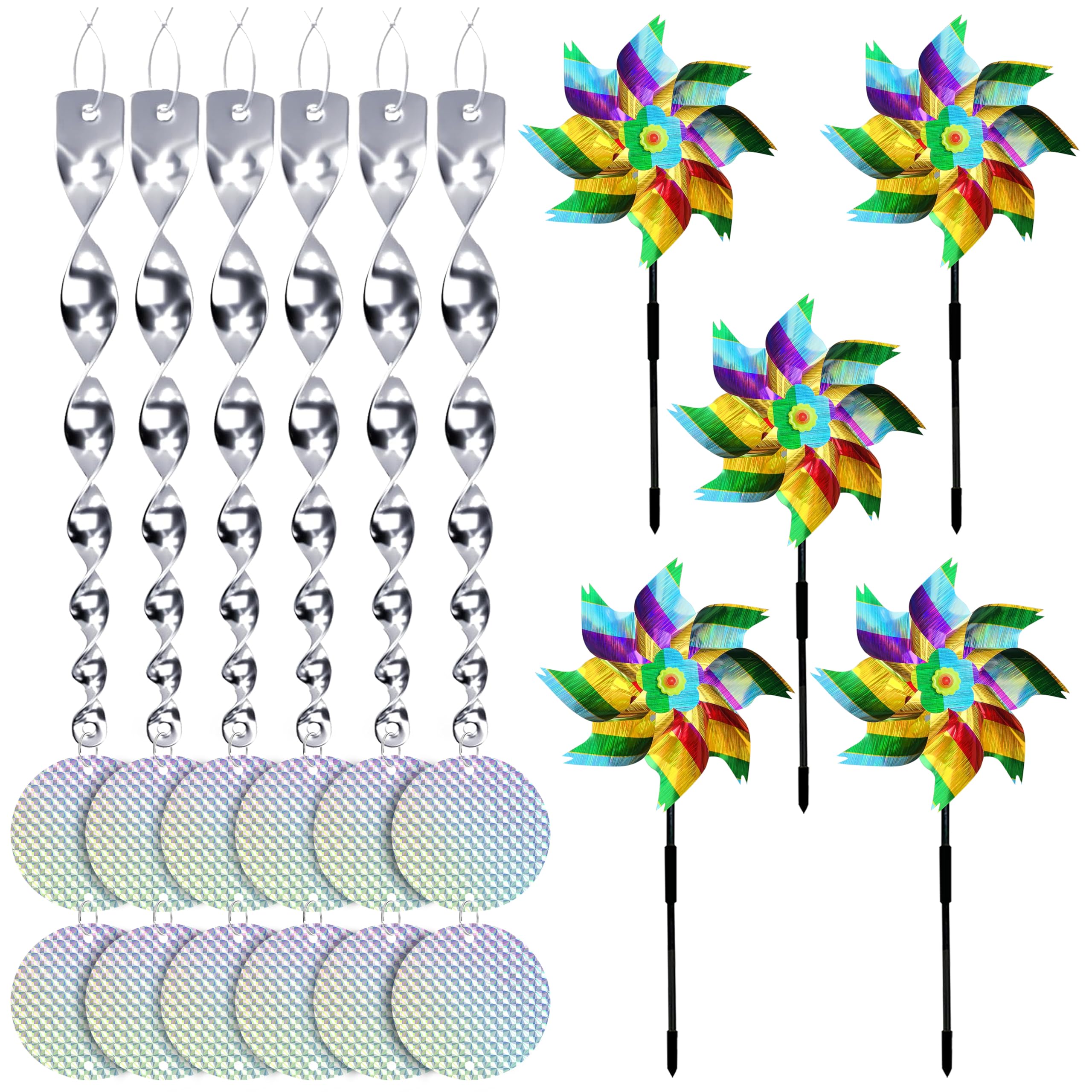Windrad Vogelabwehr Taubenabwehr Set, 5 Windrad+6 Reflektierend Windspirale Taubenabwehr+12 Reflektierenden Runden,Vogelschreck Vogelabwehr to Protect Garten,Hof, Obstgarten